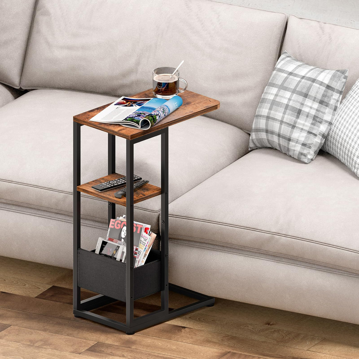 Yuede C Shaped End Table, Small Side Table for Couch, Recliner, Slide Under Sofa Tray Desk Snack Tables with Storage Bag for Living Room,Bedroom, Small Spaces - Rustic Brown