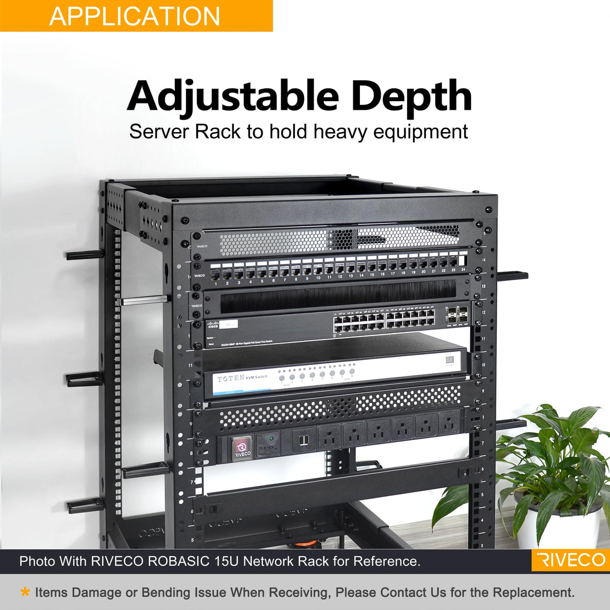 RIVECO 25U Server Rack Adjustable Depth Network 4 Post Cabinet Open Frame with Leveling Feet & Wheels Fully Rivets 1400 LBS