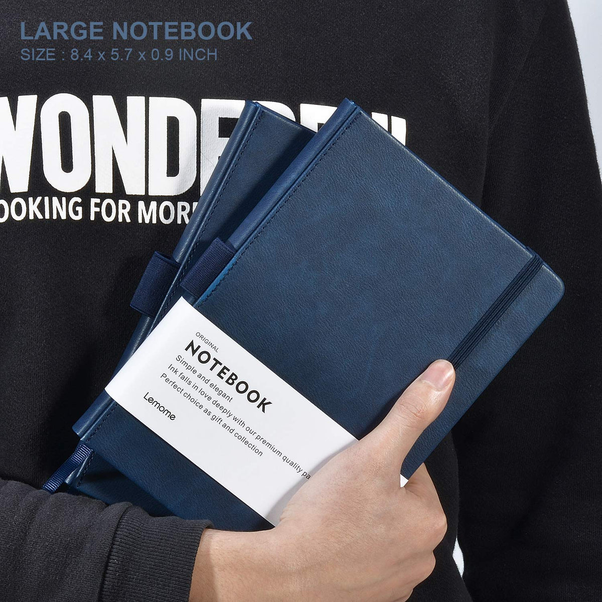 Lemome Thick Classic Notebook with Pen Loop - A5 College Ruled Hardcover Writing Notebook with Pocket + Page Dividers Gifts, Banded, Large, 180 Pages, 8.4 x 5.7 in