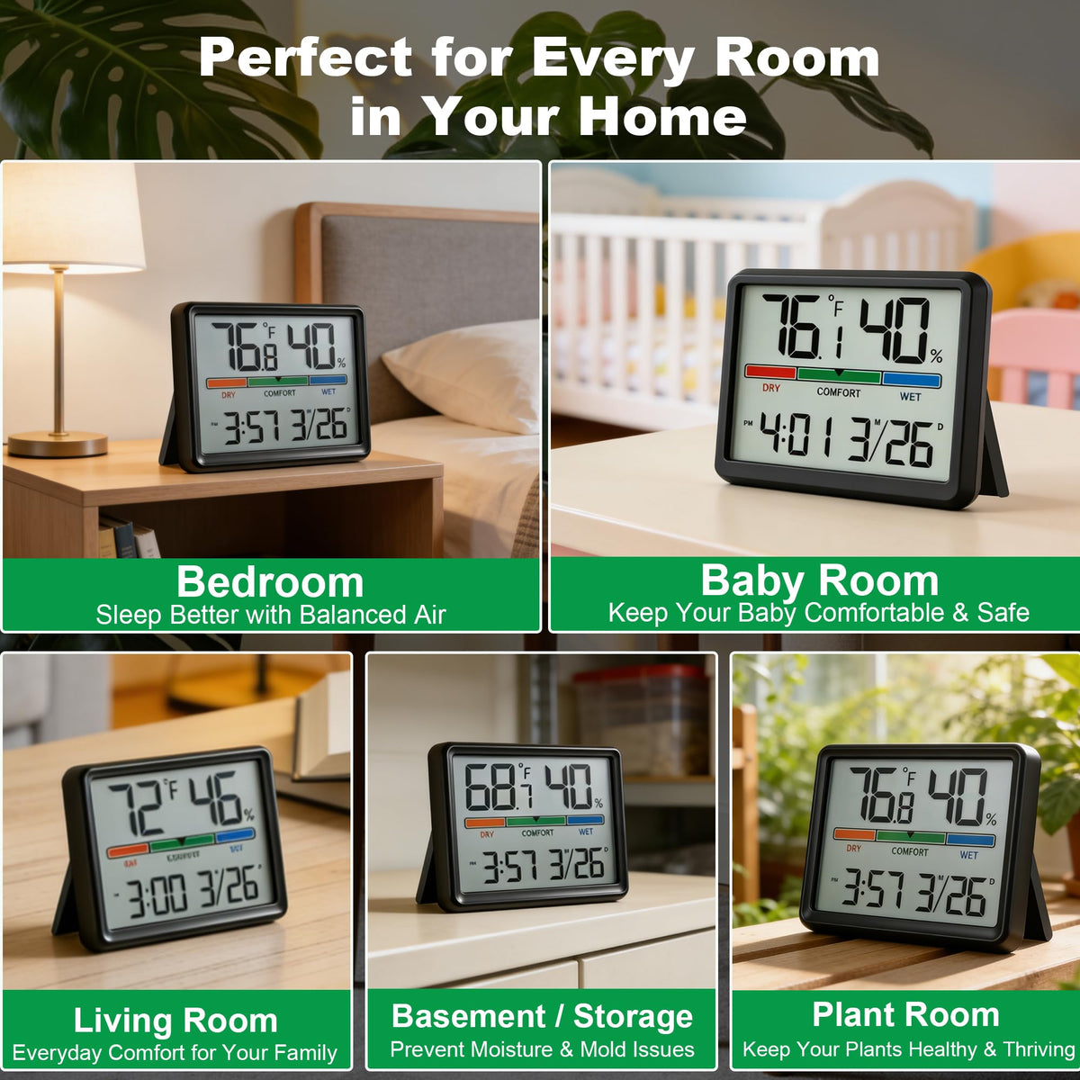 Luzsco Digital Hygrometer Indoor Thermometer, Clock with Temp & Humidity, Temp Gauge with Comfort Indicator, Wall/Magnetic/Desk Alarm Clock for Bedroom, Baby Room, Office, Kitchen, Garage (Black)