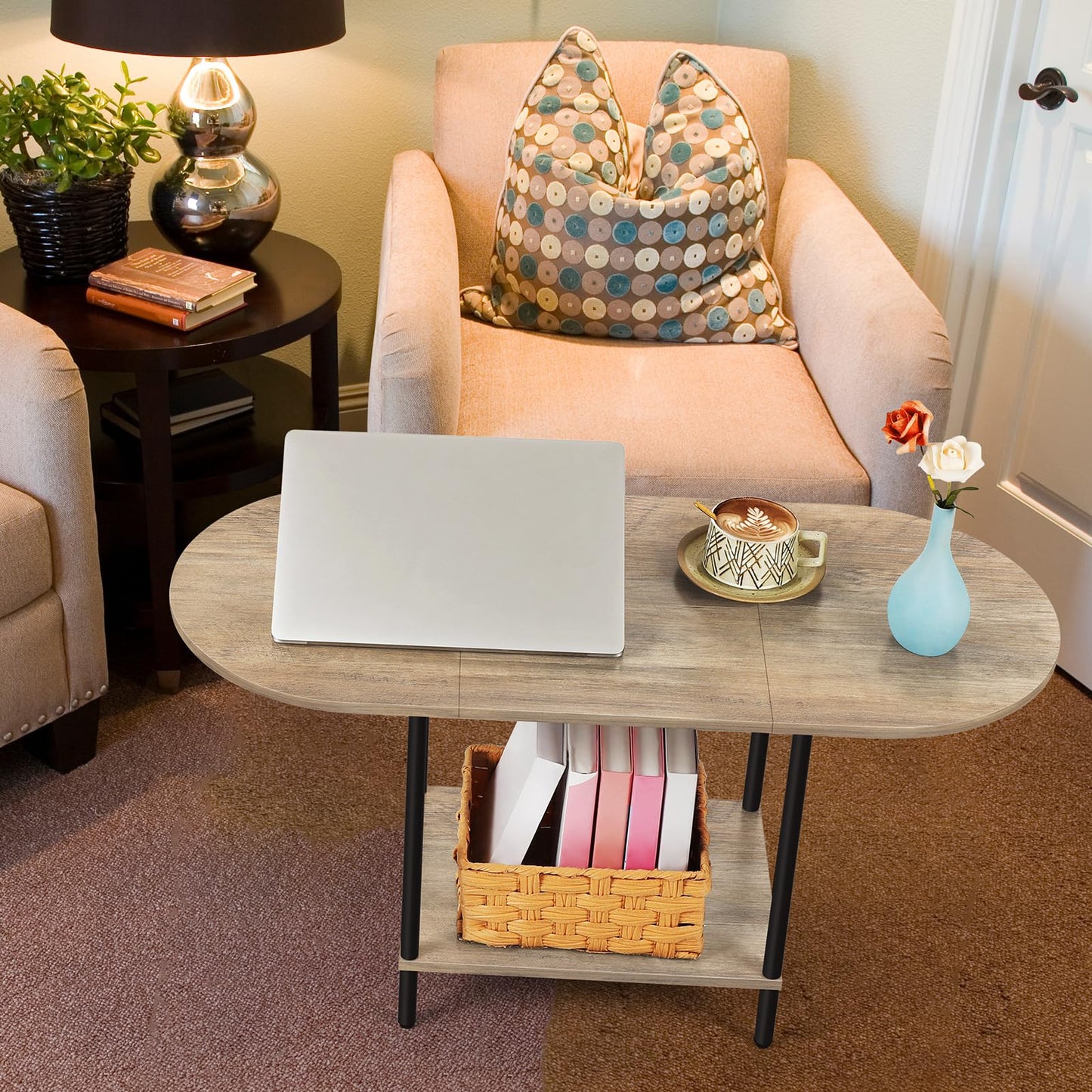 OYEAL Coffee Tables for Living Room 2-Tier Small Oval Table with Storage Shelf Mid Century Round Center Table for Display, Small Space,Home Office, Rustic Grey