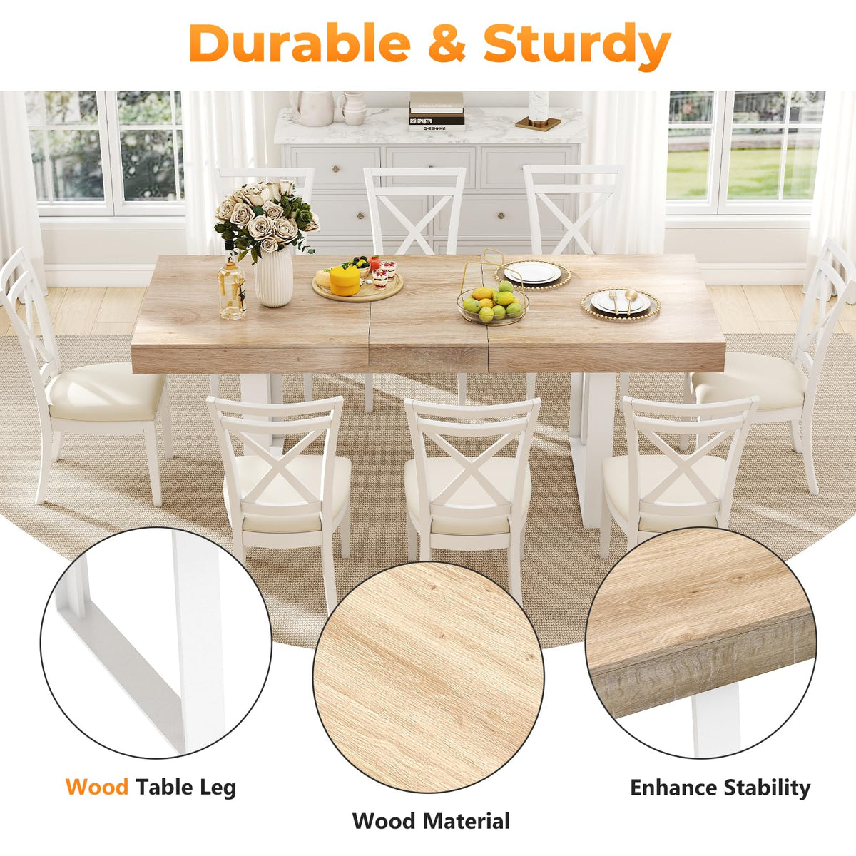 Zevemomo 63"-78.7" Expandable Dining Table, 6-10 Extendable Dining Table, Rectangle Conference Table, Farmhouse Kitchen Table with Slide Track, Tapered U-Shaped Wood Legs for Office, Living Room-Oak