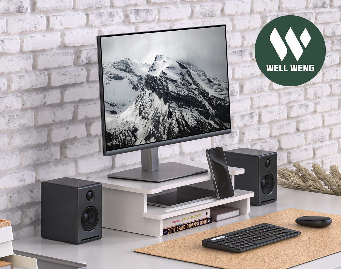 WELL WENG Computer Monitor Stand Riser, 16.5 Inch Wood Desk Shelf Storage Organizer with Phone Tablet Holder, White