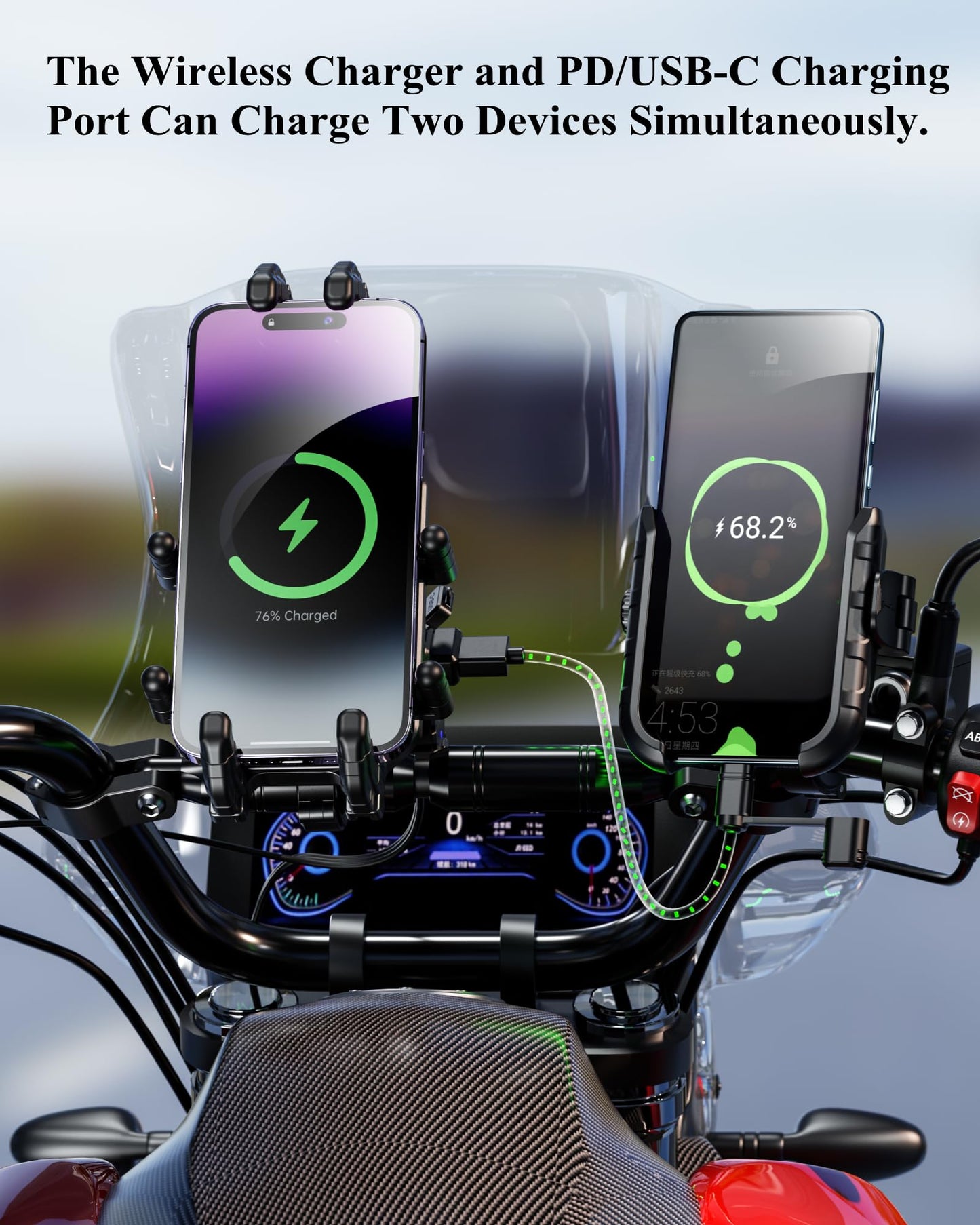 BRCOVAN Motorcycle Phone Mount Holder with Qi 15W Wireless Charger & 30W PD/USB-C Fast Charging Port, Anti-Theft Handlebar Cellphone Cradle with Vibration Dampener, Adjustable for 5.4-7.2'' Smartphone