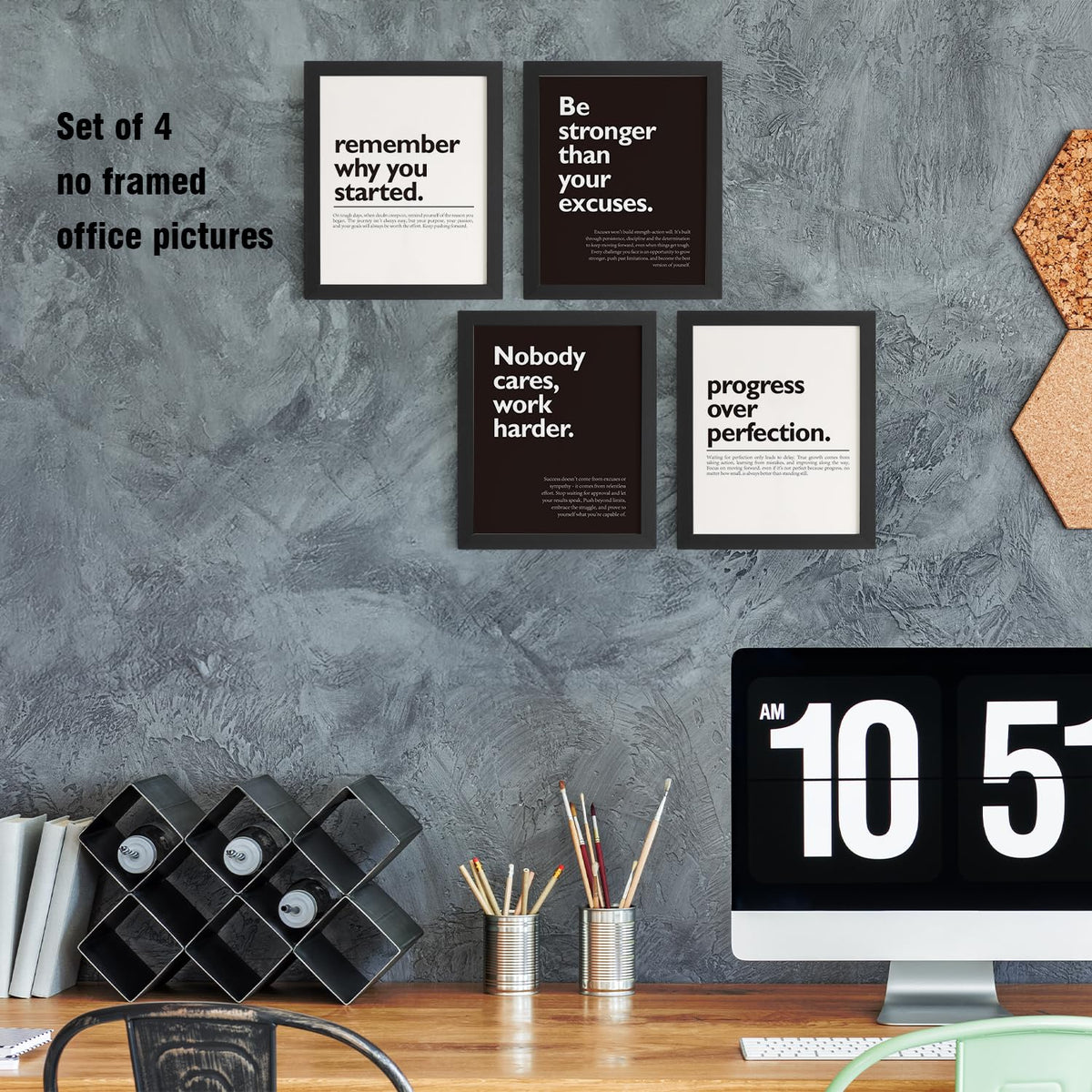 DSHFG Motivational Office Pictures Wall Decor Prints Set of 4, Black Motivational Wall Art Decor Retro Posters Prints for Office Home Decor, 8x10 Unframed
