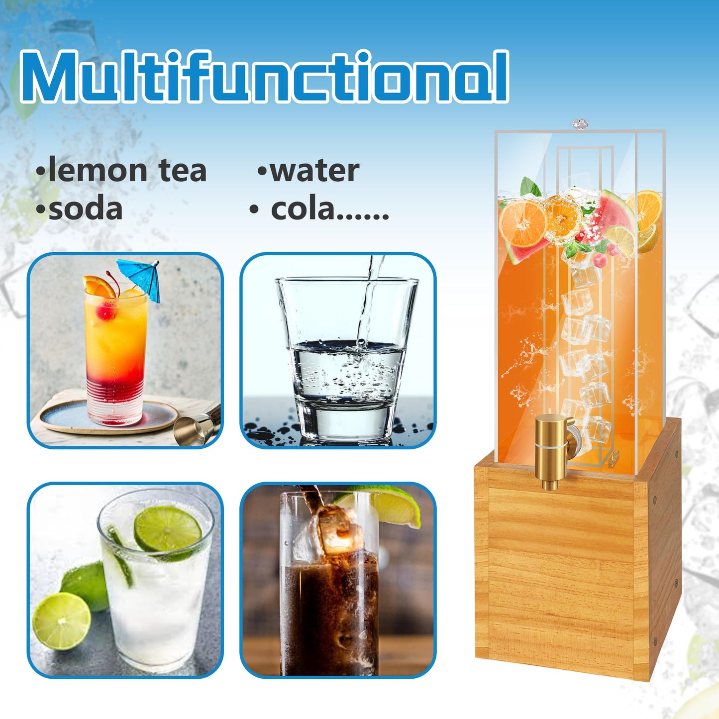 2 Gallon Large Drink Dispenser, Drink Dispenser with Wood Stand, Drink Dispensers for Parties with Ice Core, Beverage Dispenser with Airtight Valve for Water, Punch, Juice