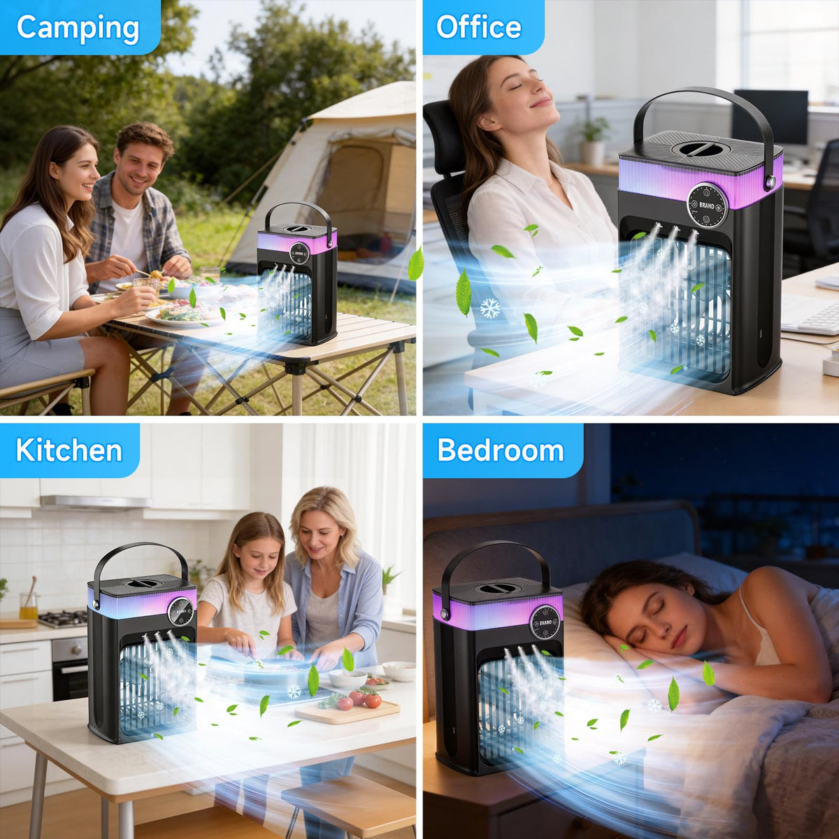Portable Air Conditioners, 4 in 1 Evaporative Air Cooler with 1200ML Tank, Queit Cooling Fan with Remote Control, 2-8H Timer, 3 Modes & 8 LED Lights, Personal AC Unit for Bedroom, Office and Camping
