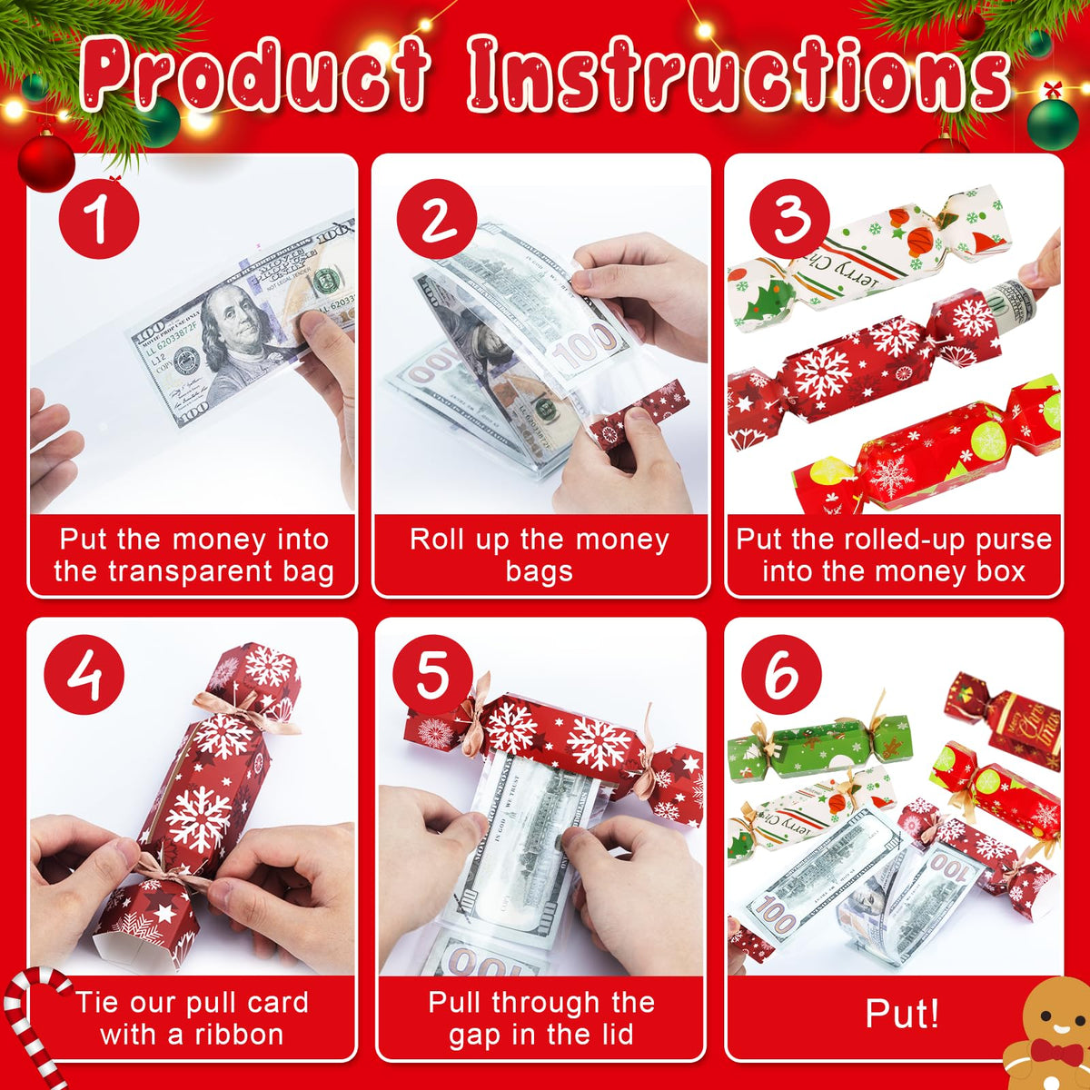 8 Pcs Christmas Surprise Money Pull Pouch Christmas Money Box for Cash Gift Pull Xmas Cash Holder for Cash for Kid Adult with 80 Pcs Transparent Bags Creative Way to Give Dollar Gift