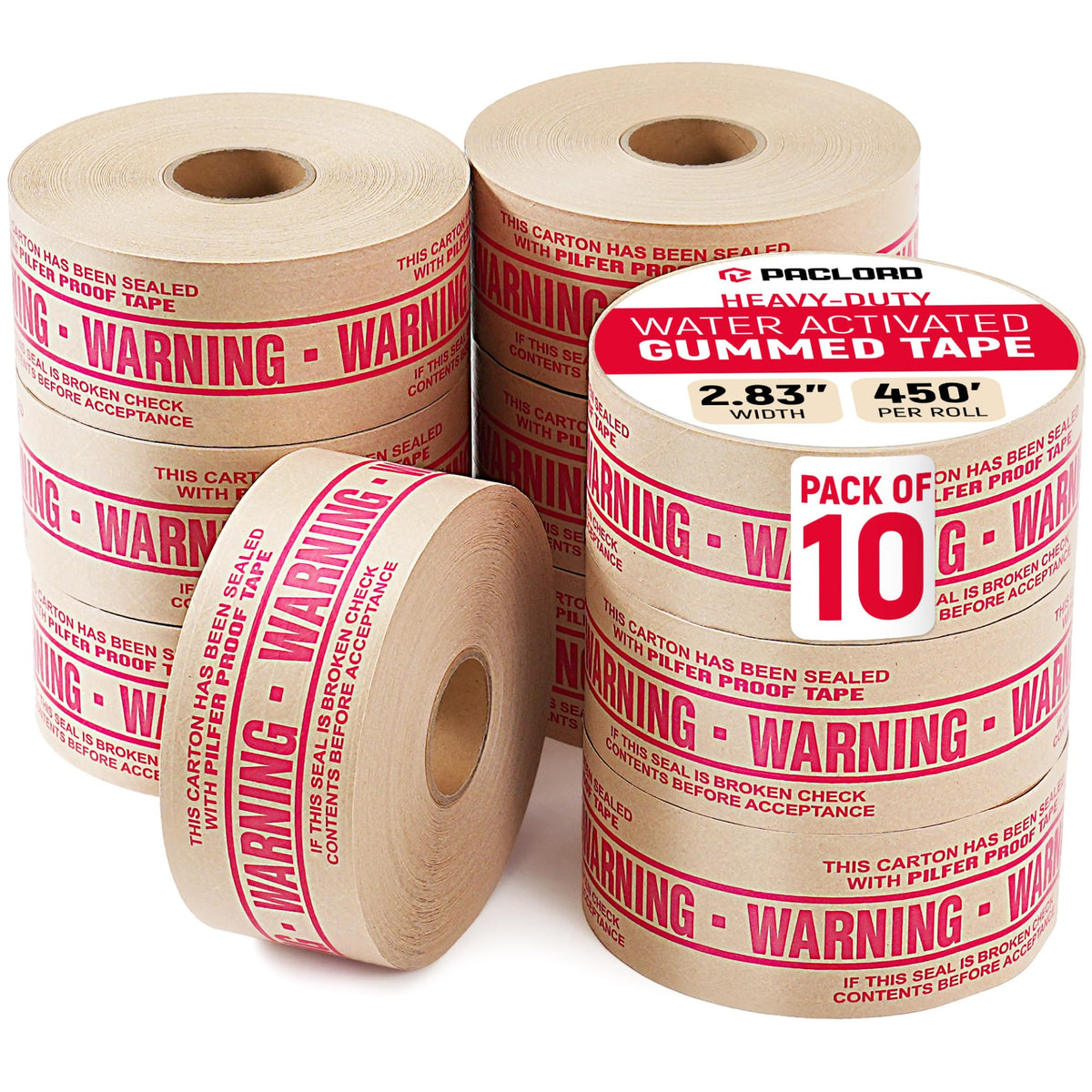 2.83" x 450' Water Activated Kraft Tape, Pack of 10 – Reinforced Gummed Paper Packing Tape for Shipping Boxes, Tamper-Proof, Eco Friendly, Strong Seal, Printed - Warning Tape