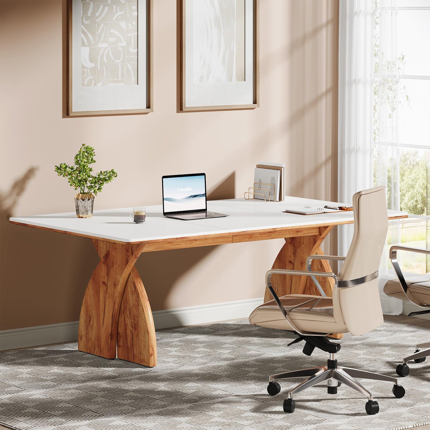 Tribesigns 63-Inch Executive Desk, Large Office Computer Desk with Heavy Duty Legs, Simple Laptop Desk Study Writing Table Business Furniture for Home Office (White and Brown)