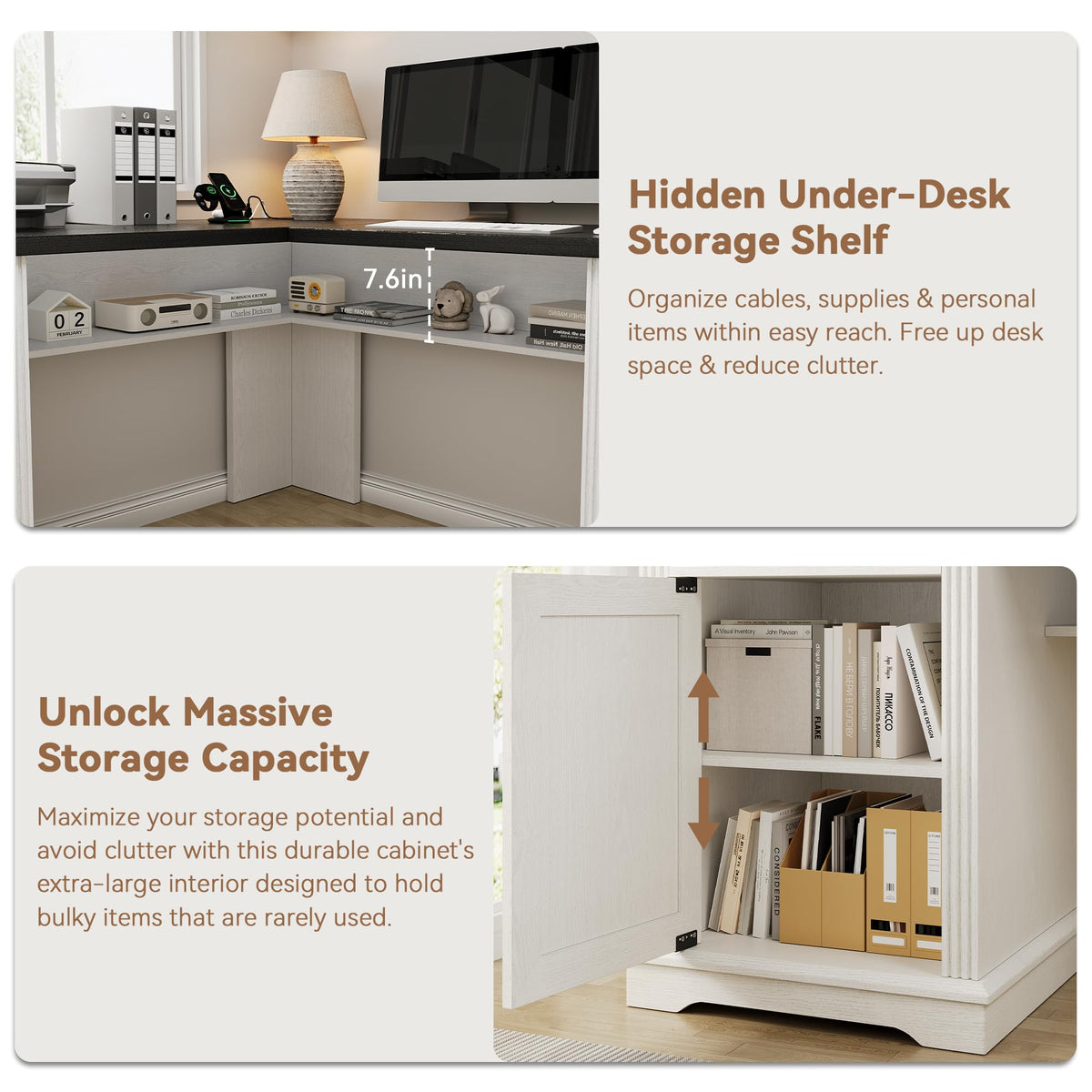 Jocoevol L-Shaped Executive Desk with Drawers, 59" Farmhouse Home Office Desk with File Cabinet, Computer Desk with Charging Station & Headphone Hook for Work/Study/Writing (White & Black, L-Shaped)