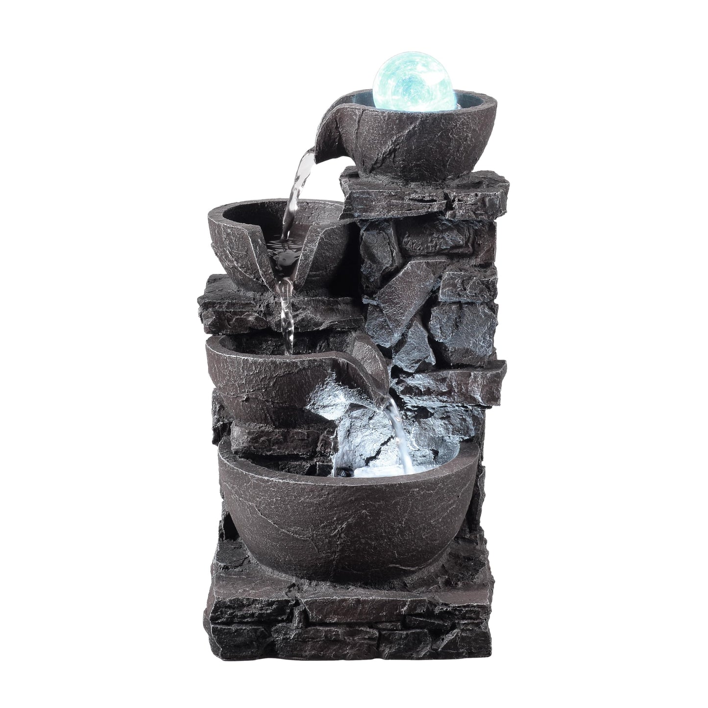 MSEONWXI Indoor Tabletop Fountain with 4-Tier Stone Bowls, Rolling Crystal Ball & LED Lights – Tranquil Waterfall Decor for Home, Office or Zen Space (23066)