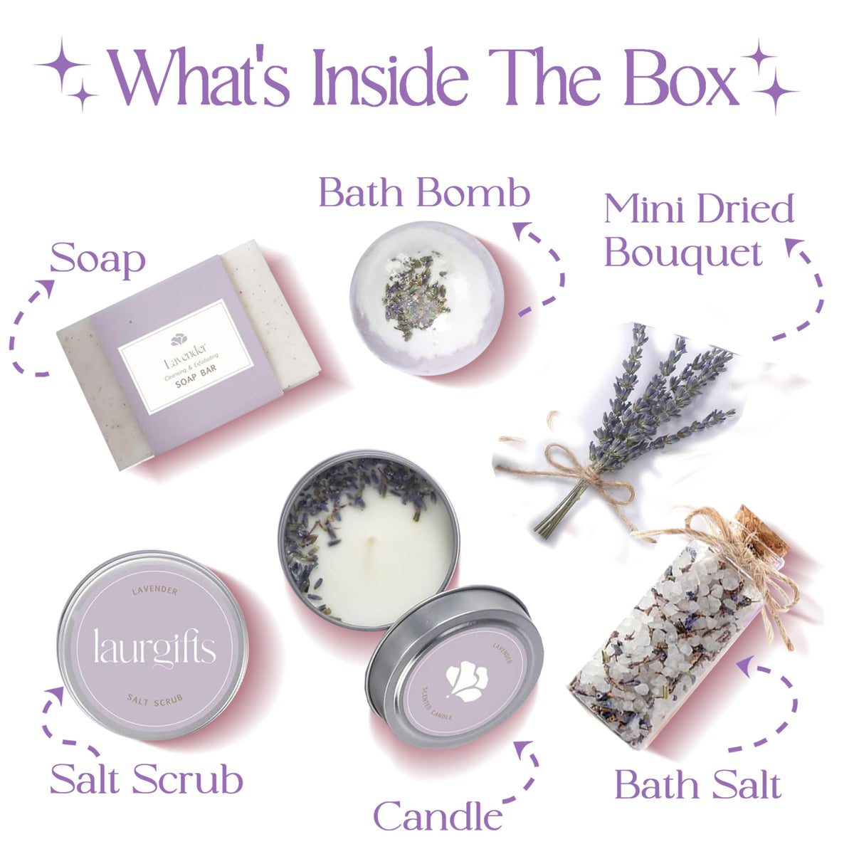 Mothers Day Gifts for Mom – Lavender Spa Gift Box, Small Candle Set with Bath Gifts, Relaxing Self Care Basket, Birthday Gift for Women