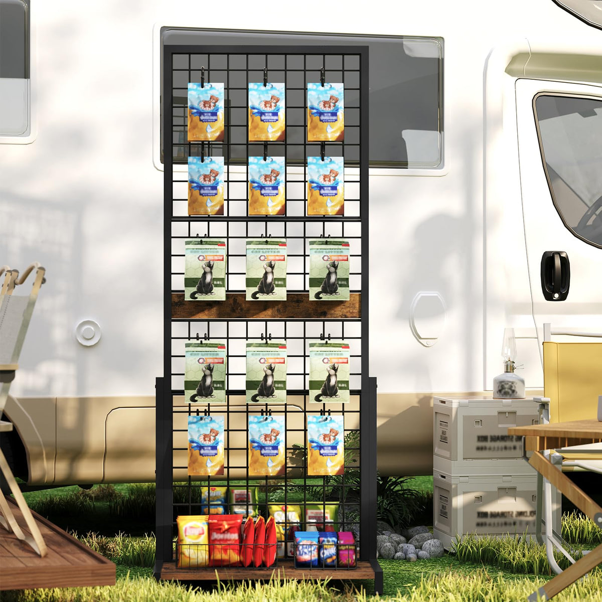 HOOBRO Gridwall Panel units 5.6' x 1.7' Ft Grid Display Rack, Gridwall Panel Display Stands with 5 Garment Hooks & 5 S-Hooks, Wire Grid Display Rack, for Retail Show, Rustic Brown and Black BF45DC01