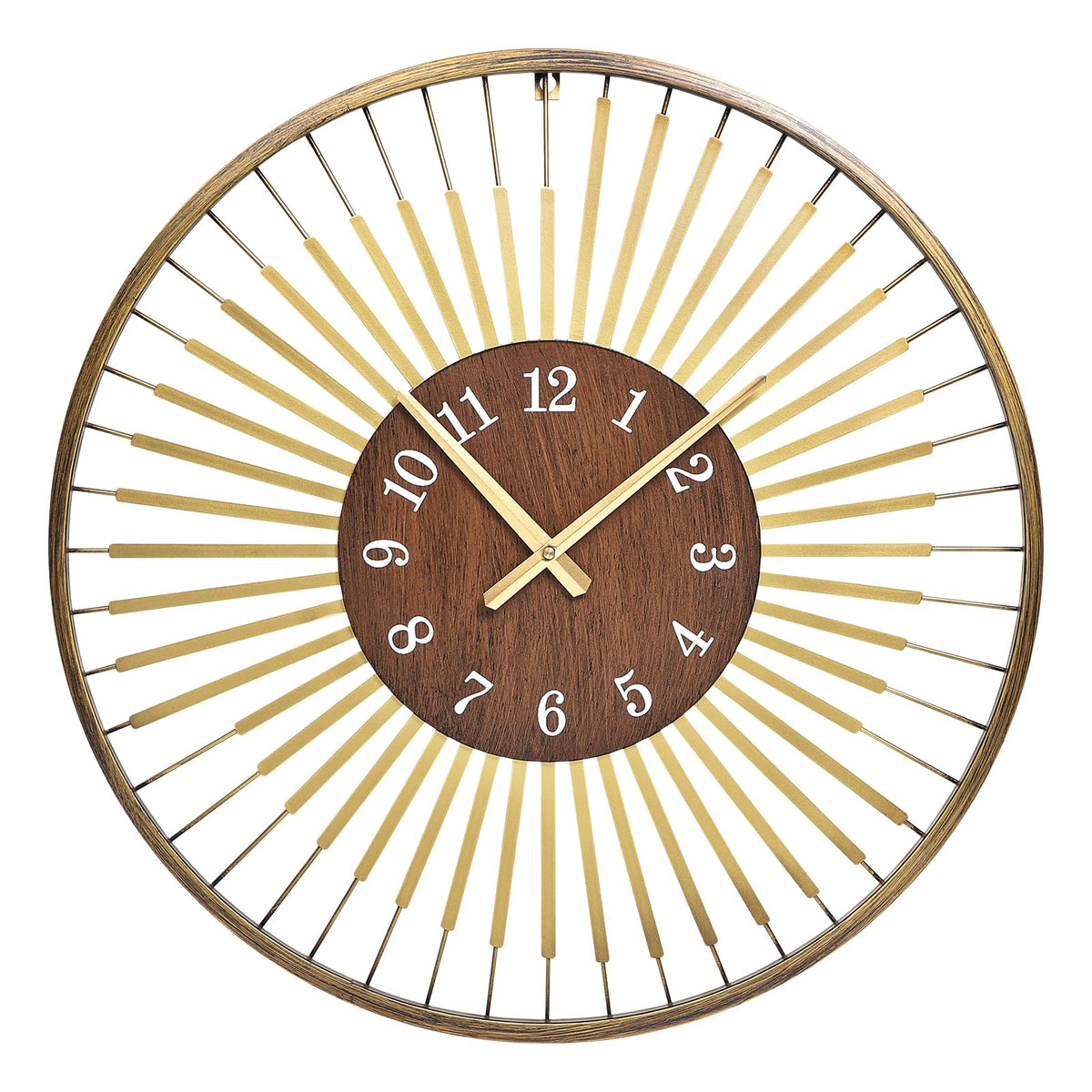 XGGJWW 24 Inch Mid-Century Modern Wall Clock, Round Frame Metal Design with Walnut Wood Center, Silent Quartz Movement, Gold-Tone Accents – Decorative Wall Clock for Living Room, Bedroom, and Office