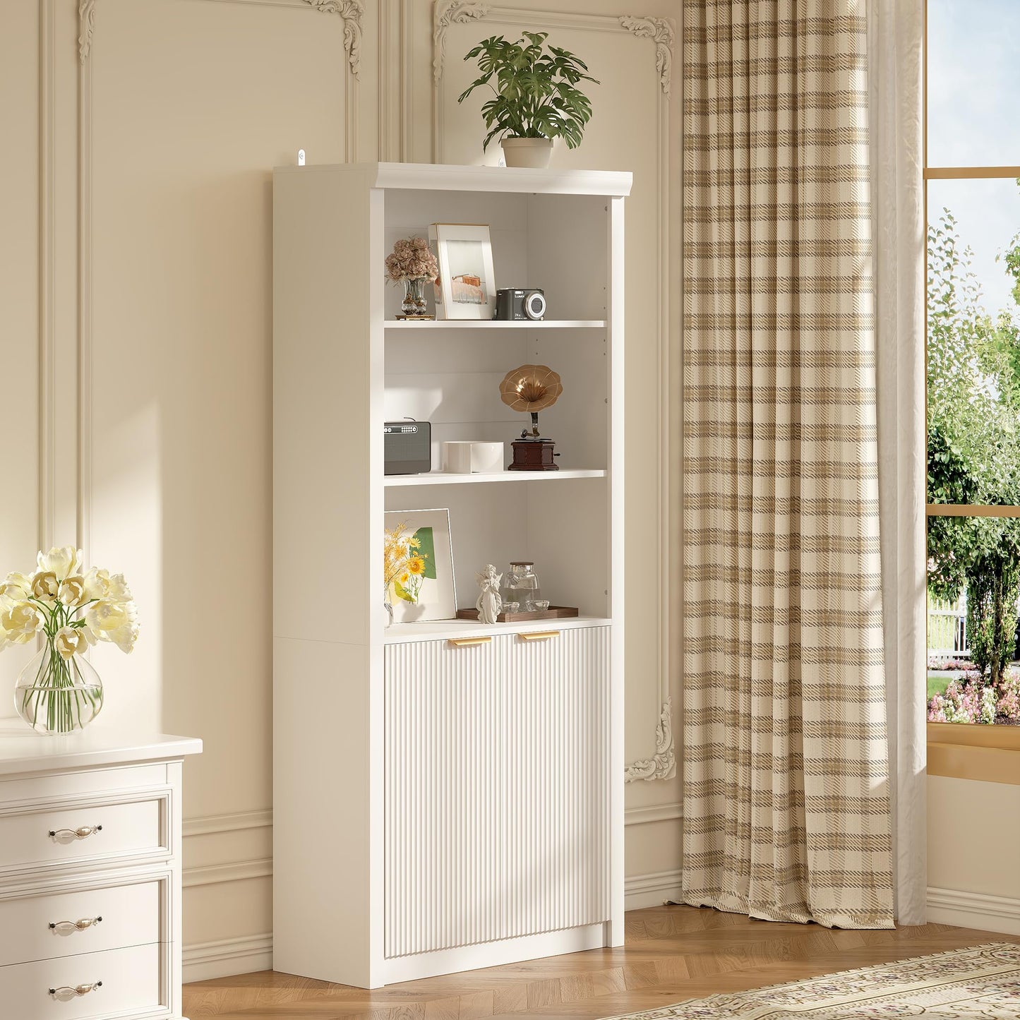Garvee Tall Book Shelf and Bookcase, Wooden Bookcase with Doors, Modern Book Case with Large Storage Cabinet, 5-Shelf Bookcases with Adjustable top Shelve for Home Office, Living Room, 2 Set White