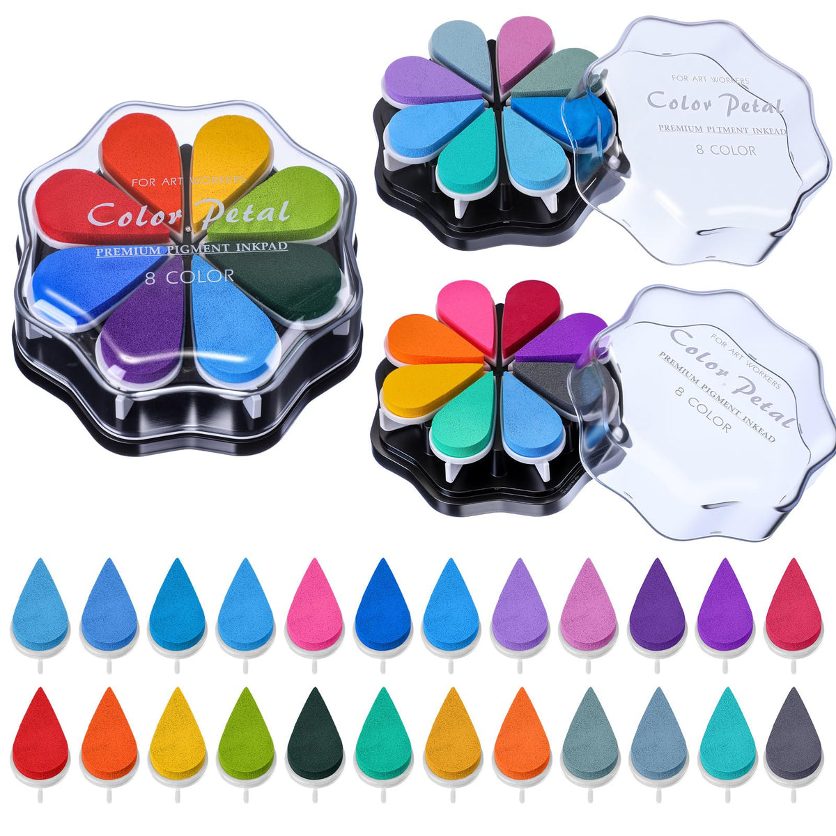 Jetec 3 Pack Petal Ink Pads Finger Ink Stamp, Rainbow Rubber Stamps Washable Waterdrop Shaped Stamp Pads for Card Making, Scrapbook, Painting(Classic 24 Colors,3 Packs)