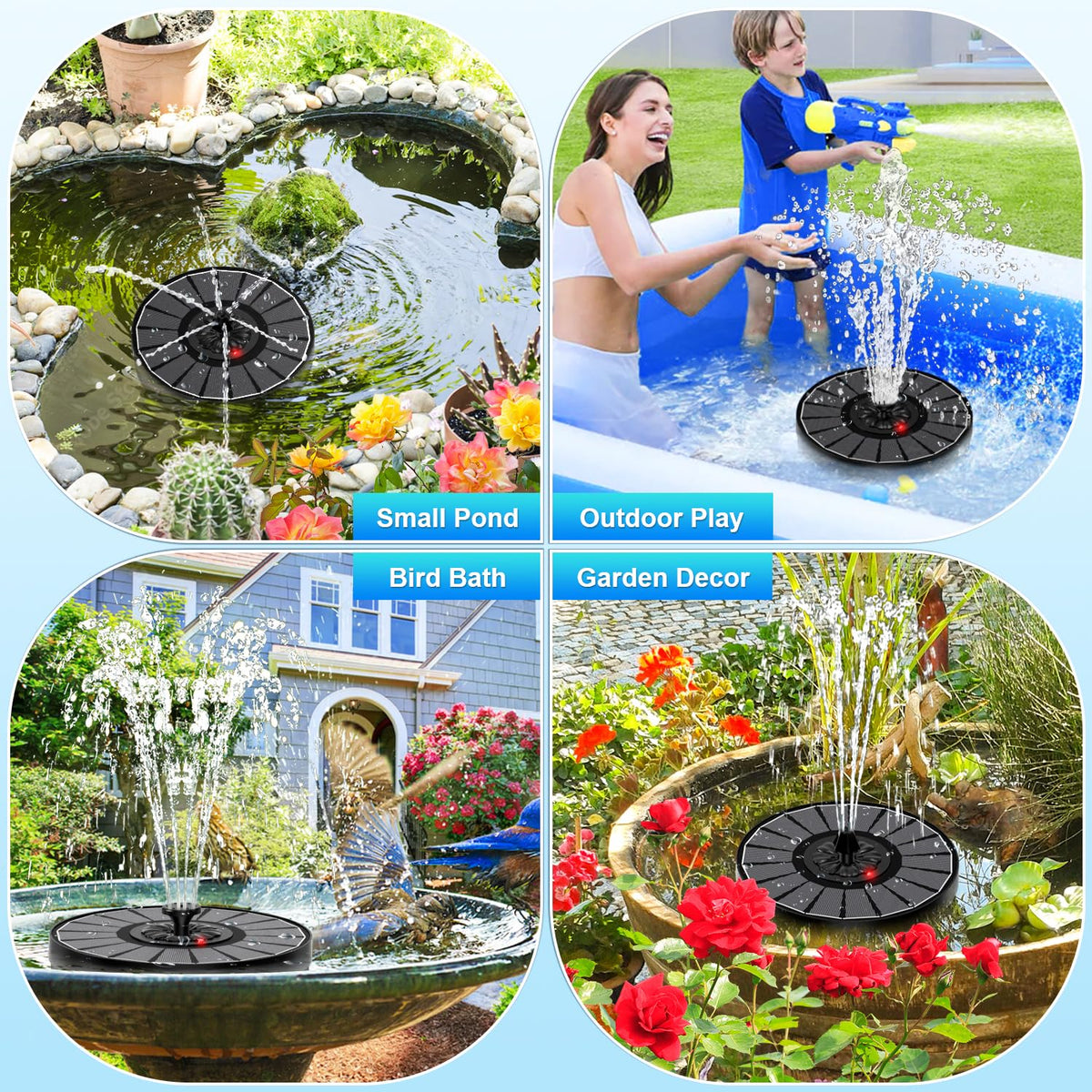 Solar Fountain Work On Cloudy Day,Solar Water Bird Bath Fountain with Faster Conversion Glass Solar Panel and Power Indicator,Built-in 2000mAh Battery,Outdoor Garden Decor(Black Panel)