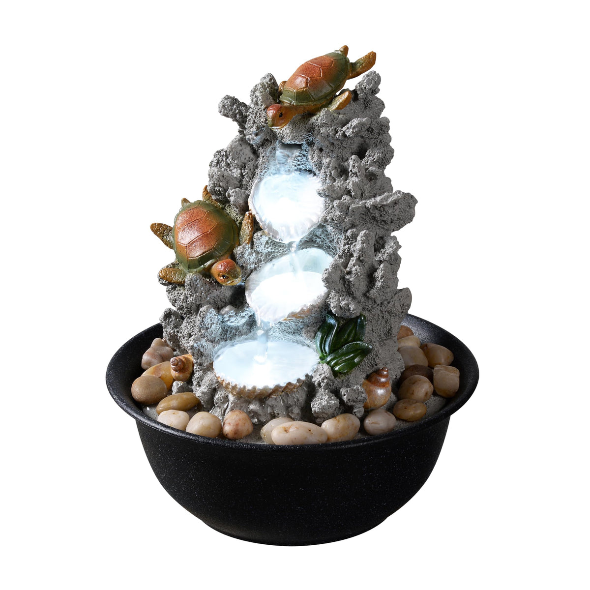 Indoor Tabletop Turtle Water Fountain with LED Light – Coastal Sea Life Desk Waterfall Feature with Soothing Sounds and River Rocks, Ocean Zen Decor for Home Office