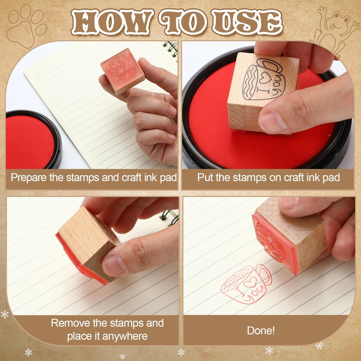 MotiMind 18 Pcs Cartoon Pattern Wood Stamps Set Wooden Rubber Holiday Stamps for Card Making Decoration and Scrapbooking Supplies