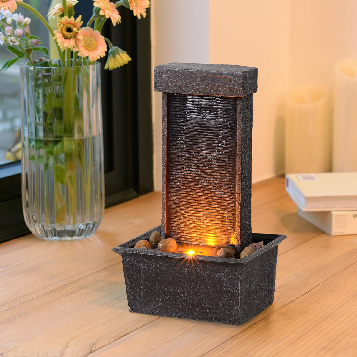 Straight Panel Tabletop Water Fountain LED-Lit – Indoor/Outdoor Decorative Waterfall Feature with Soothing Lights & Flowing Water for Home, Office, or Garden Décor