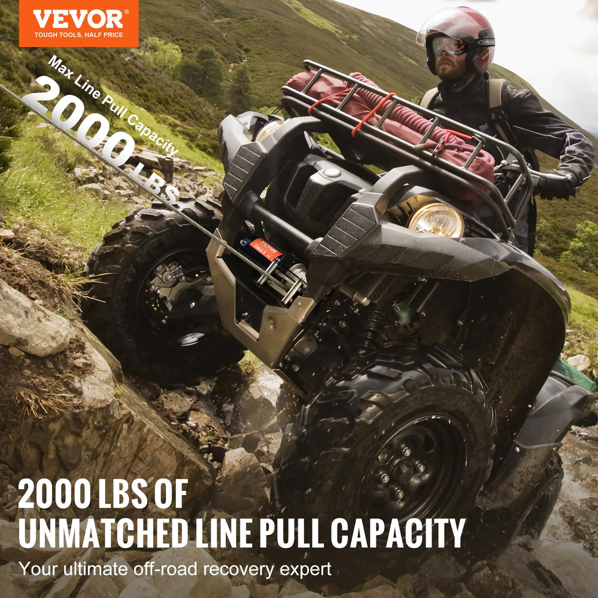 VEVOR ATV Winch, 2000 lb Electric Winch, 12V Small ATV UTV Winch with 5/32 in x 39 ft Steel Cable Roller Fairlead Wired Remote Control, IP55 Waterproof for Towing UTV ATV Car Vehicle Off-Road