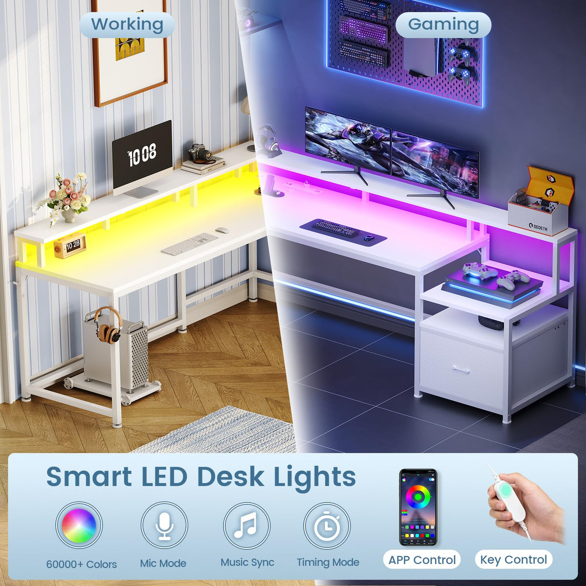 SEDETA 66" L Shaped Desk with Power Outlet, Reversible Home Office Computer Desk with File Drawer & Monitor Shelf, Storage Shelves, LED Lights for Corner Small Spaces, White