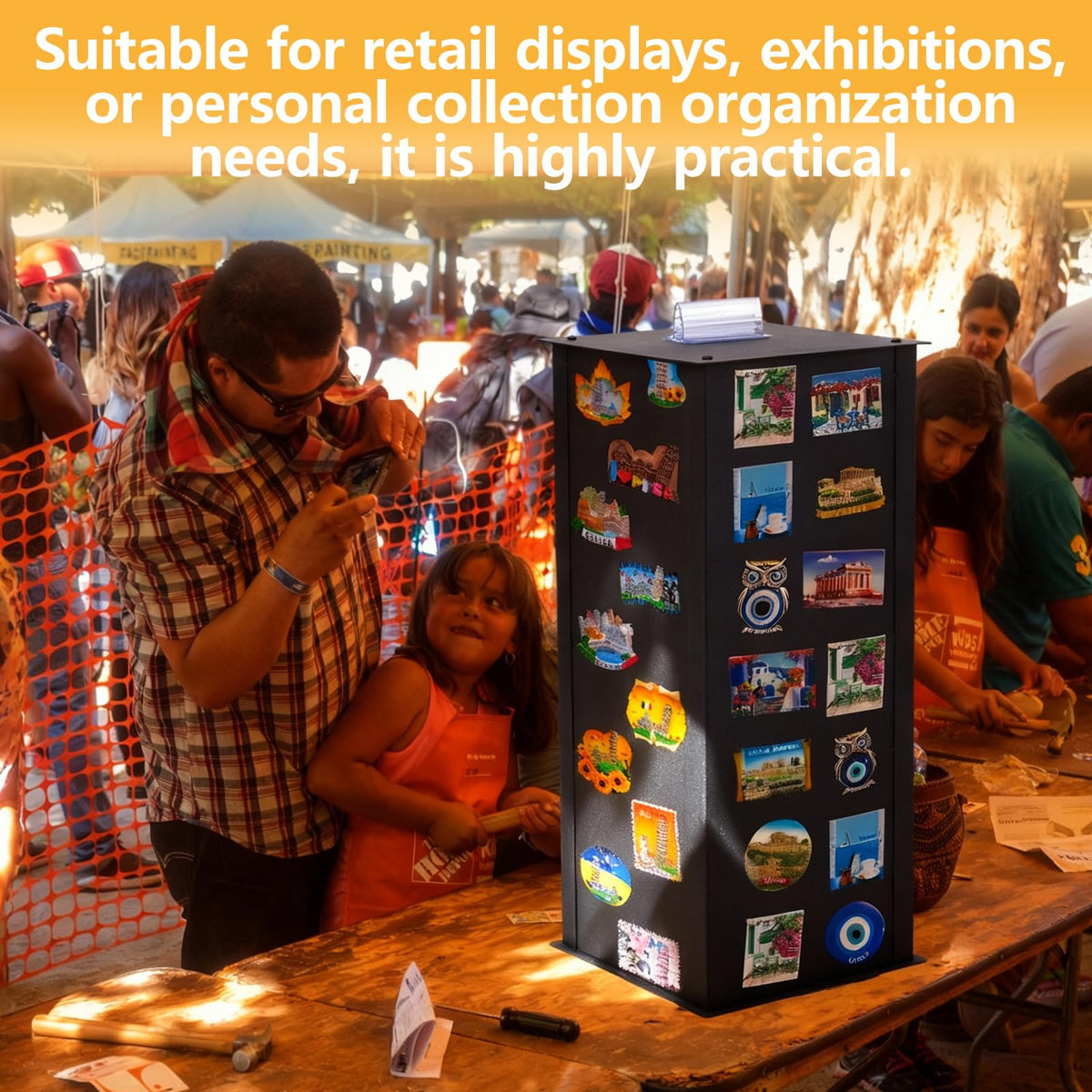 LEIFIDE 19 × 8 1/2 × 8 1/2 inch Rotating Metal Black Four-Sided Magnetic Display Stand, suitable for magnetic keychains, jewelry, badges, models, jewelry fridge magnets, etc