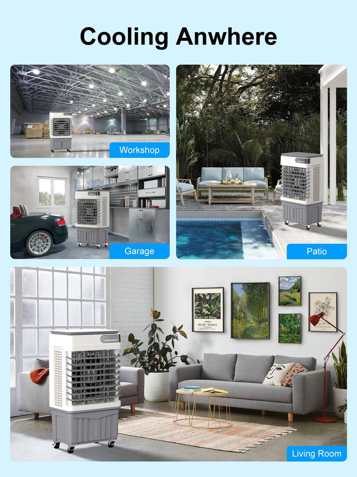 Uthfy Swamp Cooler, 36 Inch Evaporative Air Cooler with 8 Gal Water Tank, 2500 CFM, 120° Oscillation, 3 Modes & 3 Speeds, Remote, 12 H Timer, 4 Ice Packs, Portable Air Conditioner for Indoor