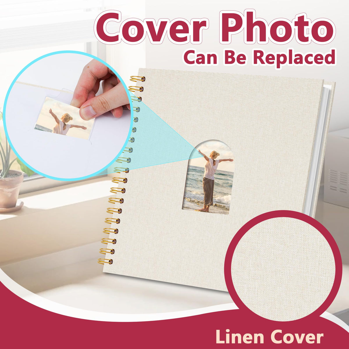 Vienrose 10X10 Inch DIY Scrapbook Album Linen Arch Window Photo Album 40 Blank Pages Scrap Book Photo Albums for Wedding Baby Shower, Beige
