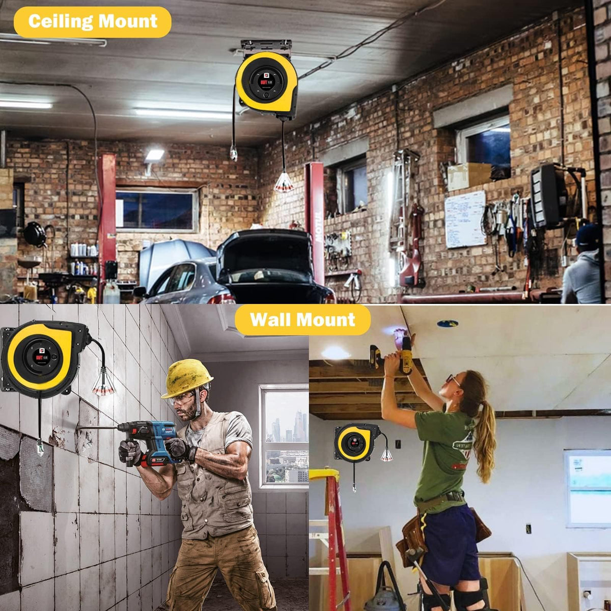 EP Retractable Extension Cord Reel,75 Feet 14 AWG/3C SJTOW Heavy Duty Power Cord,10 AMP Circuit Breaker, 3-Lighted Triple Outlets,Ceiling or Wall Mount Use Indoor, Yellow