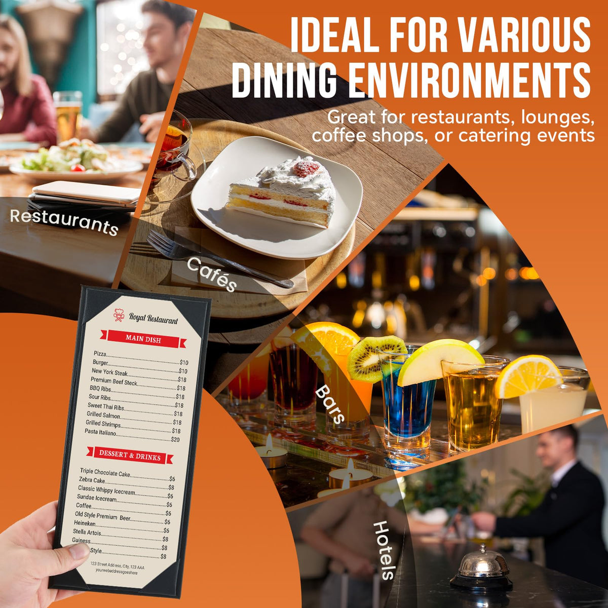 MYFULLY Restaurant Menu Holders 4.25" x 11", 6 Pack Black PU Leather Single Panel Menu Covers with Angled Corners for Restaurant, Bar, Coffee Shop, Wine List (1 View)