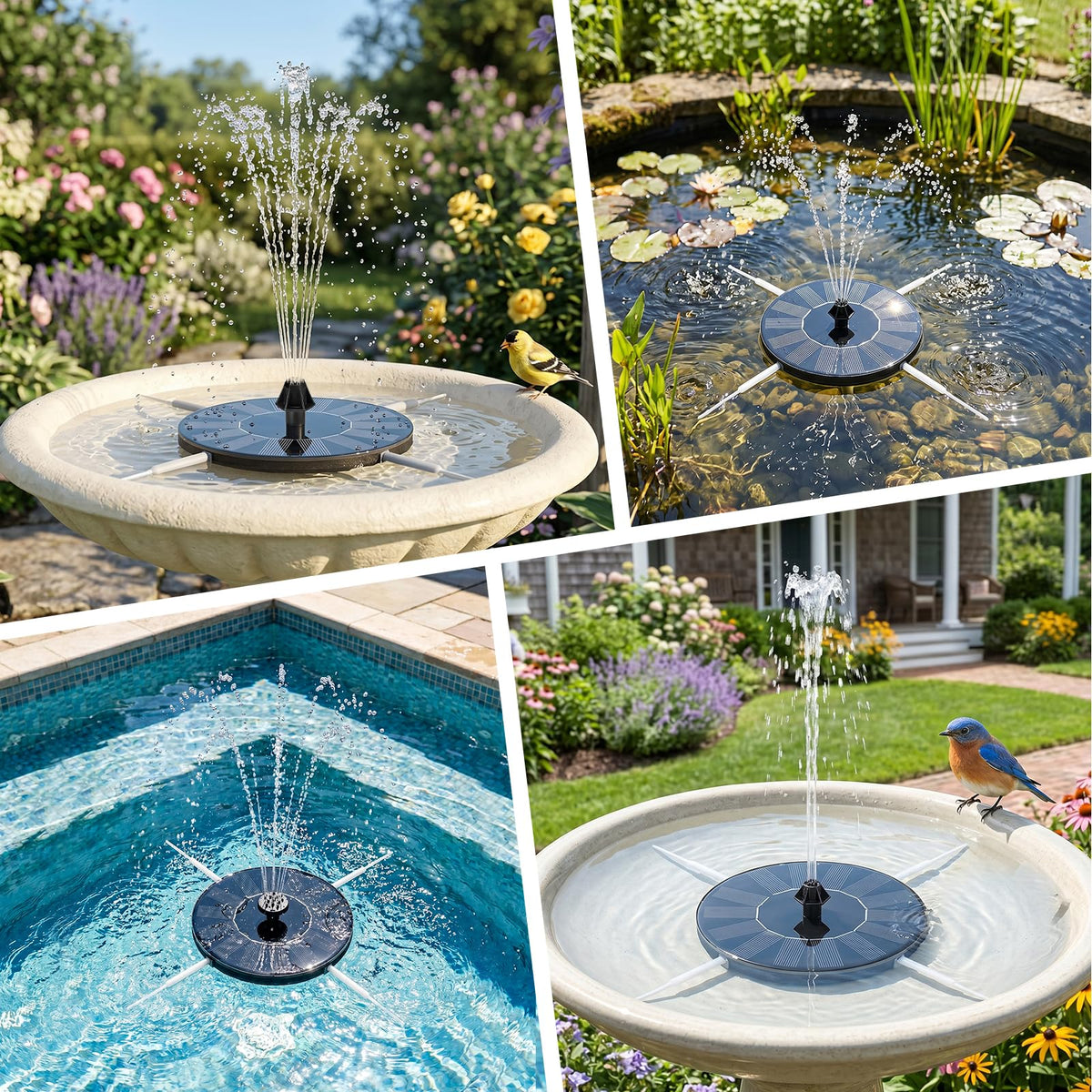 Mademax Solar Bird Bath Fountains, Upgrade 1.4W Solar Fountain Pump with 8 Nozzles & 4 Brackets, Free Standing Floating Solar Powered Water Fountain Pump for Bird Bath, Garden, Pond, Pool, Outdoor
