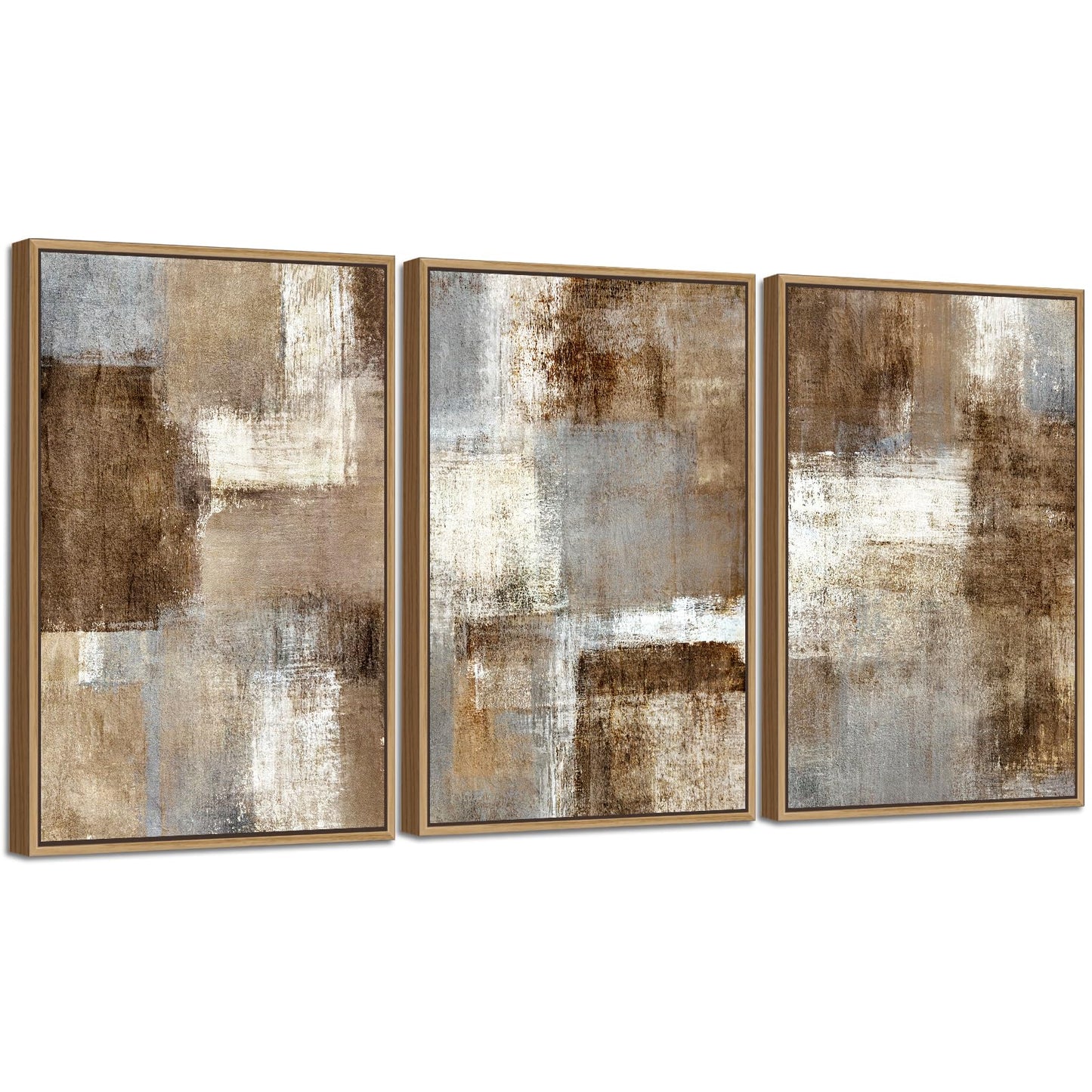 Large Abstract Framed Wall Art - Natural Float Framed Canvas Pictures Wall Art Prints for Living Room Decor Rustic Artwork Brown for Bedroom Kitchen Home Office Decoration 72" X 36" Set of 3