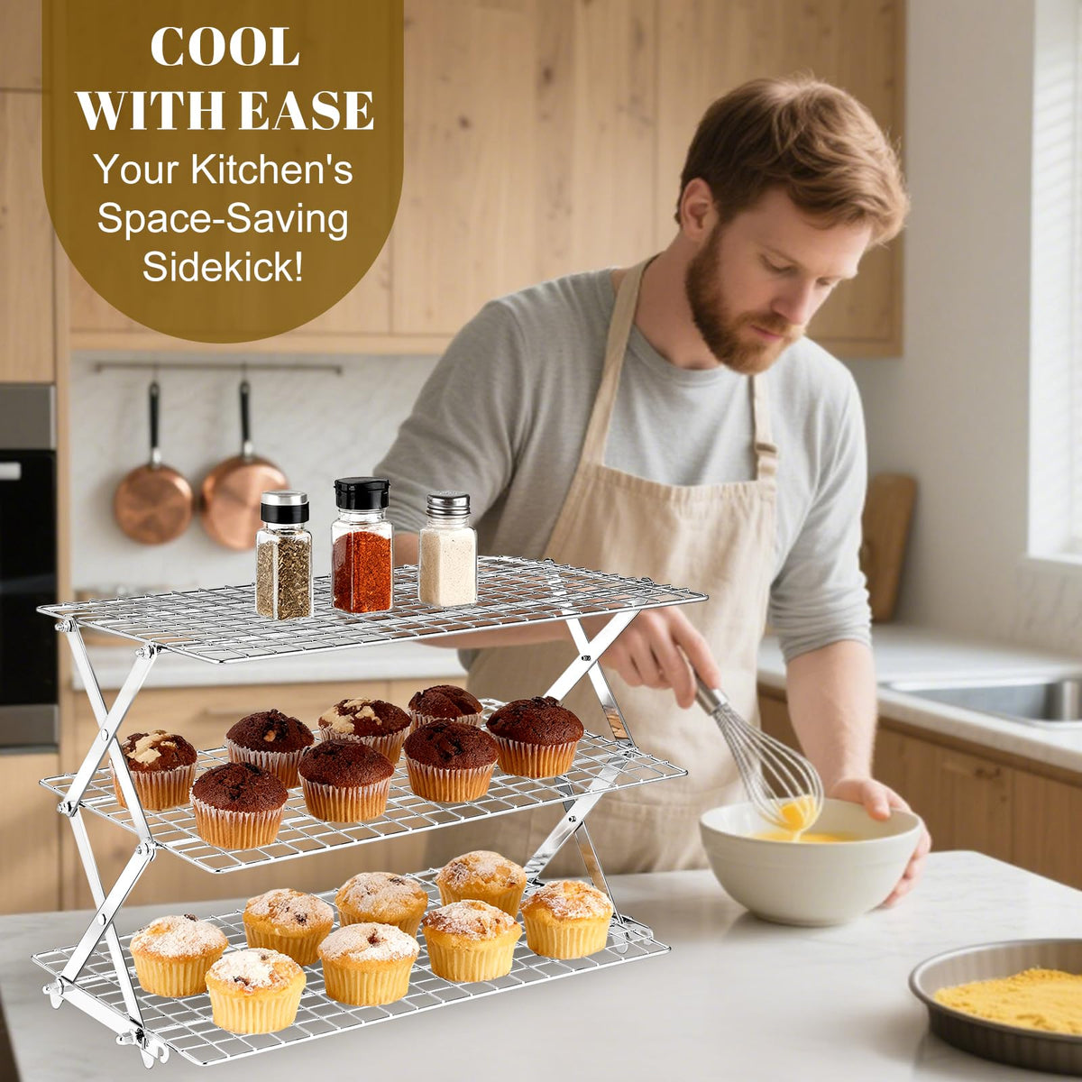 BEWOS 3-Tier Collapsible Cooling Rack - Adjustable Stainless Steel Baking Rack with X-Shaped Design and Leak-Proof Mesh Surface, Mirror Polished & Dishwasher Safe Cooling Rack