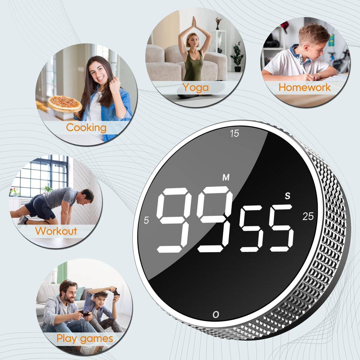 Upgrade Digital Kitchen Timer - Magnetic Countdown Countup Visual Pomodoro Timer with Large LED Display, 3-Preset Times (5, 15, 25), 3 Volume Levels, Ideal for Cooking, Baking and Fitness (1, Silver)