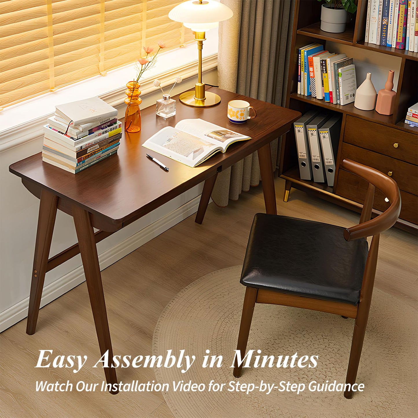 Cttasty Computer Desk with Drawers, Solid Wood Writing Desk, Mid Century Modern Home Office Desks, Oak Study Table, Small Desk for Bedroom, 29.1 H x 39.4 W x 21.7 D Inches, Walnut