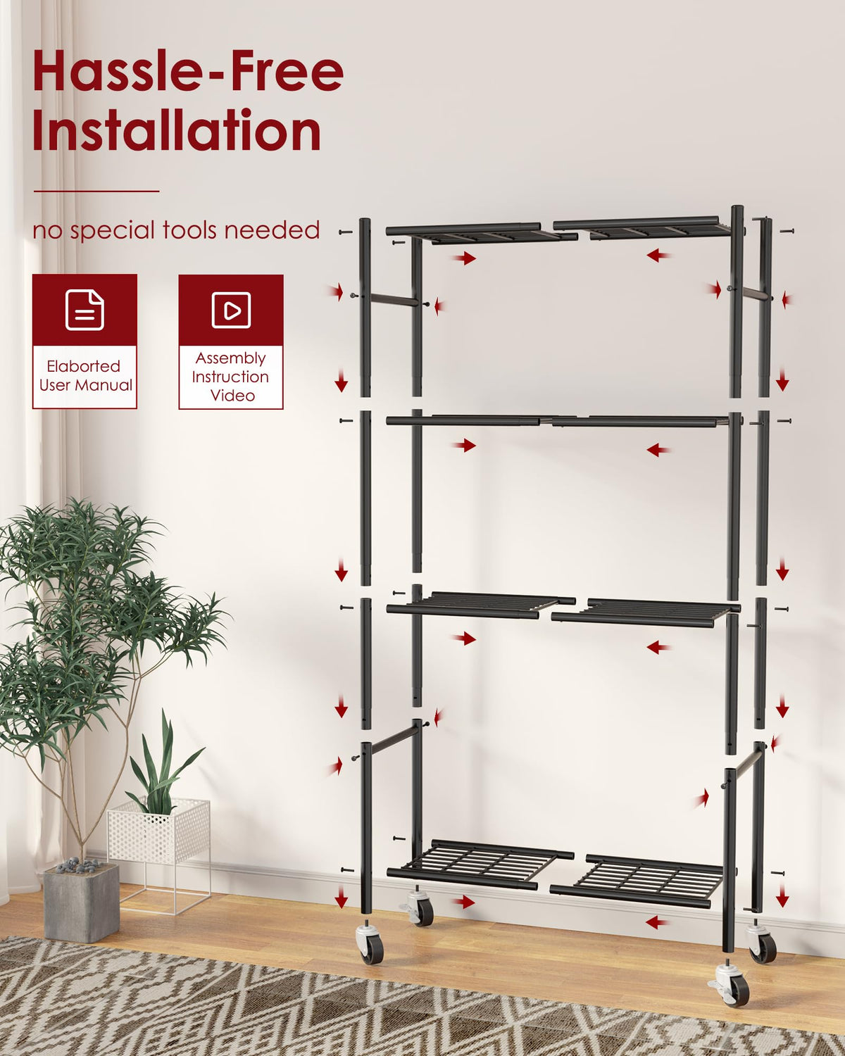 Sakugi Storage Shelves Organizer - 4 Tier Metal Shelf Organizer with Metal Wheels and Adjustable Leveling Feet, Heavy Duty Garage Shelving for Kitchen, Pantry and Closet, 33.1"x12.6"x58.9", Black
