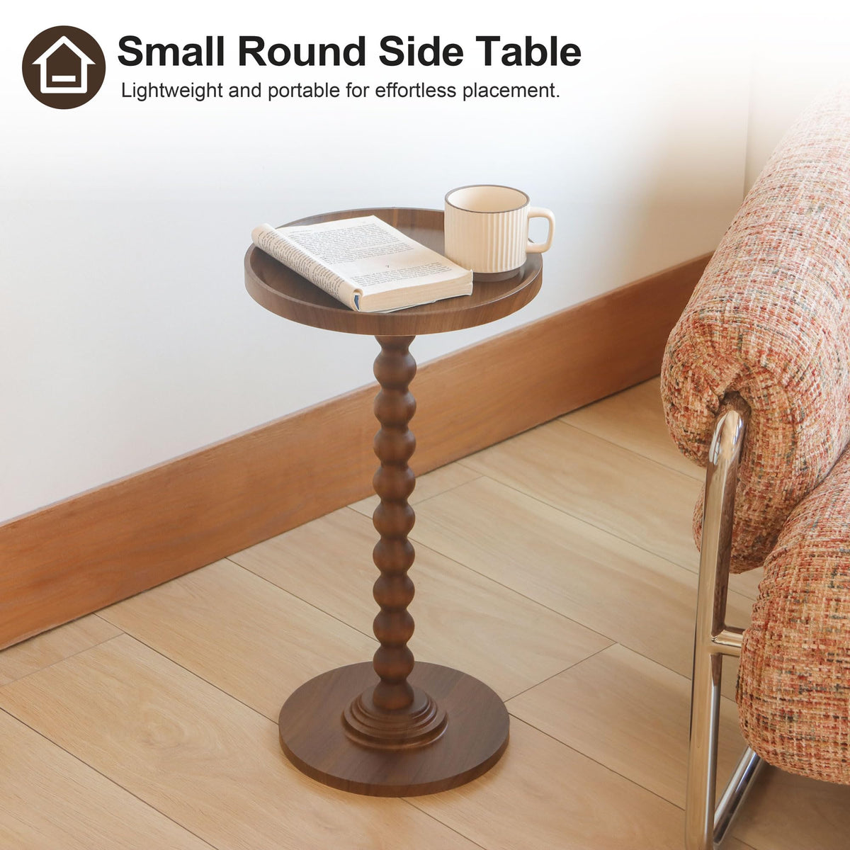 AWASEN Small Side Table, Round Drink Table for Small Spaces, Round Accent End Table Living Room, Nightstand for Bedroom, Corners, Office, Walnut Brown