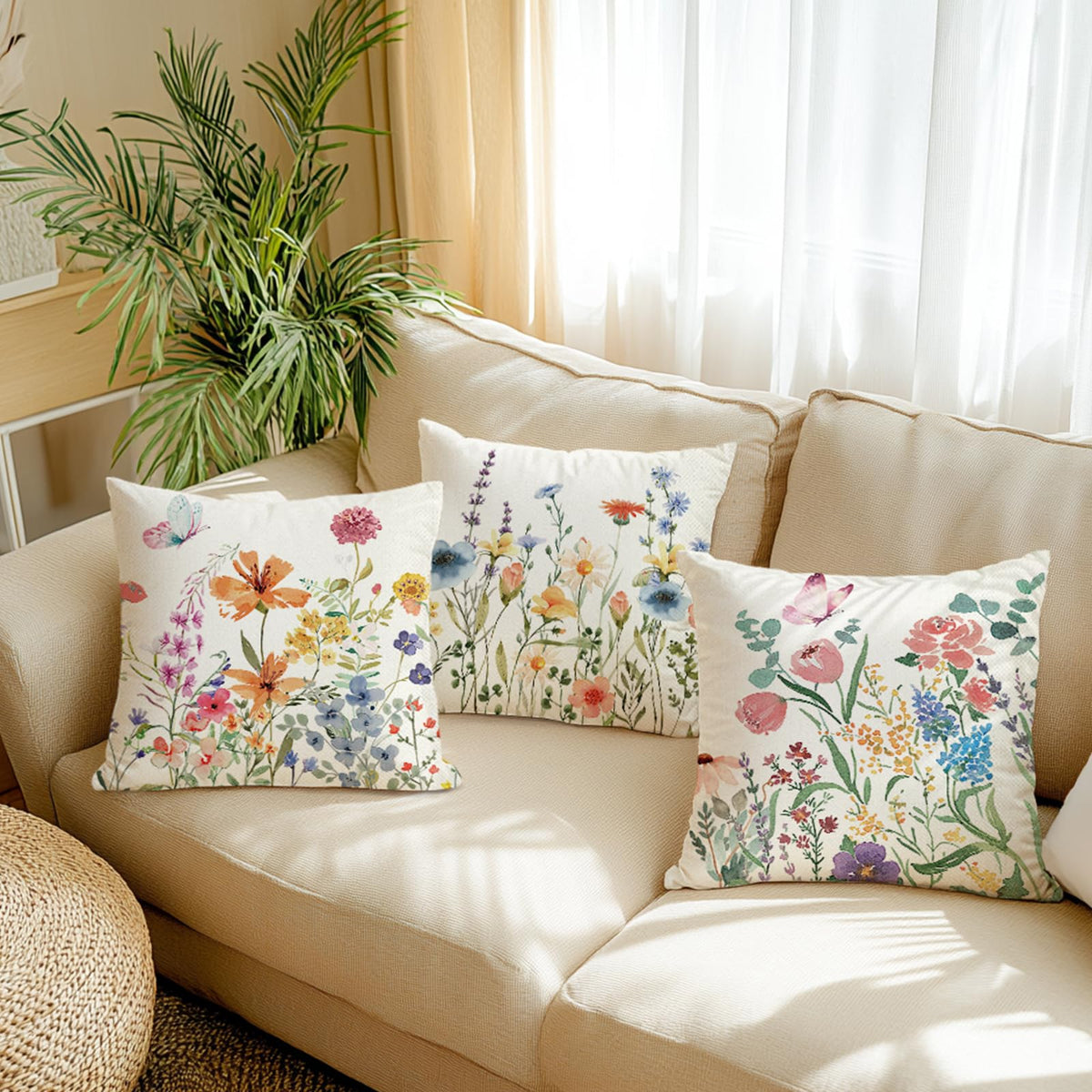 ONFAON Spring Summer Pillow Covers 20x20 Set of 4,Floral Seasonal Summer Outdoor Decoration Pillowcase Linen Cushion Cover for Couch Sofa