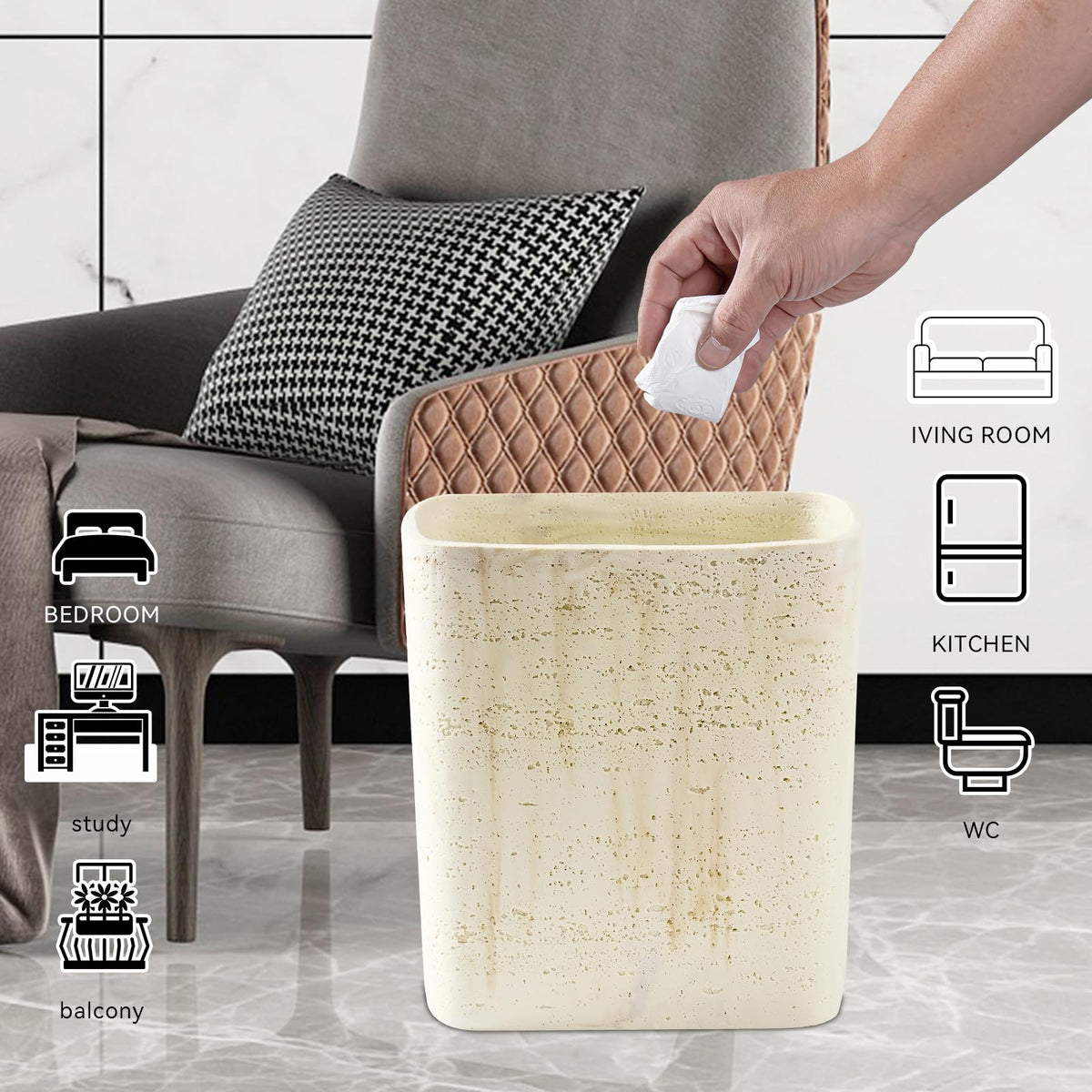 Polytree Natural Travertine Textures Bathroom Trash Can 1.8 Gallon(7 Liter) Small Kitchen Garbage Can,Living Room Bedroom Trash Can, Decor Wastebasket for Home Office (Handmade of Resin)