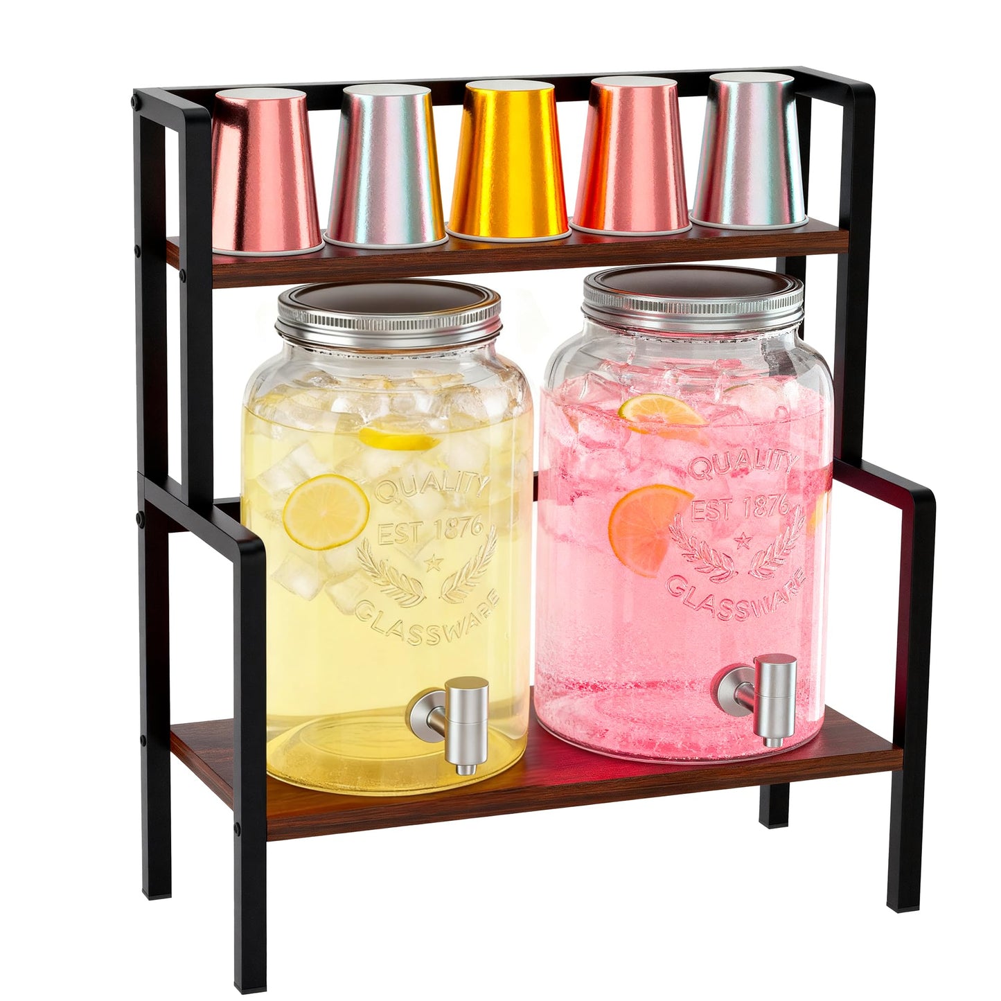 2PCS 1.5 Gallon Drink Dispenser - Glass Beverage Dispenser With Wood Stand and Leakproof Stainless Steel Spigot, Large Drink Dispenser for Parties, Lemonade, Iced Tea, Laundry Detergent Container