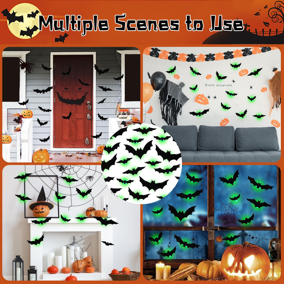 DR.DUDU 36 Pack Bats Halloween Decorations- Light Up Bat Wall Stickers with Green LED, 3D Removable Window Decals for Indoor/Outdoor, Bathroom, Door, Home, Bedroom Halloween Party