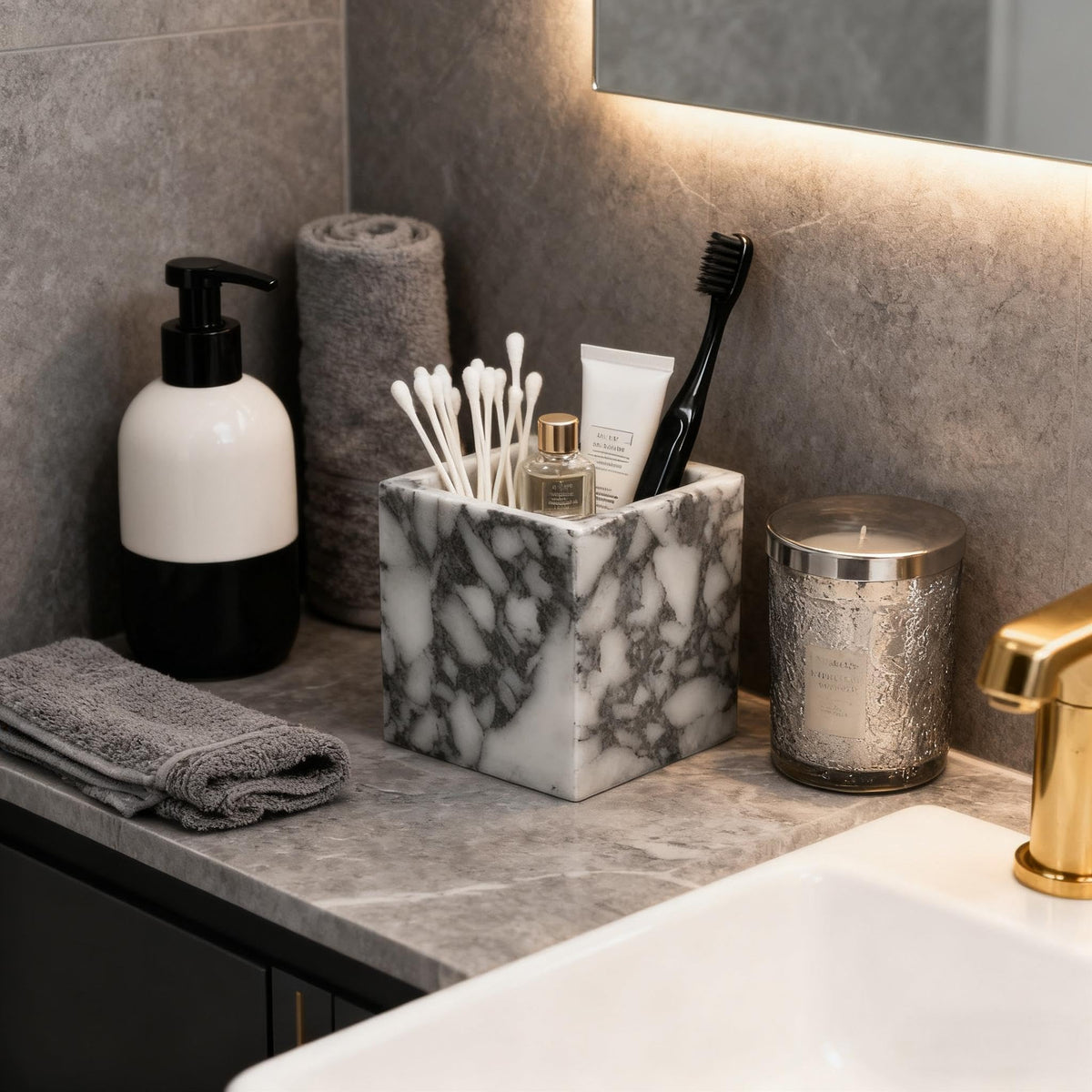 Artisanal Abode Marble Pen Holder, White Stone Rectangular Desktop Organizer, Office Study Makeup Brush Storage, Home Desk Decor, Minimalist Design, Durable Marble Accessory