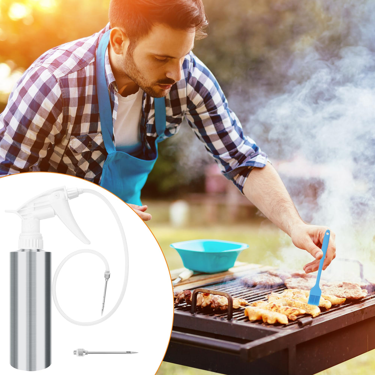 Anglekai Spray Bottle and Marinade Injector, Meat Injector Syringe with Stainless Steel Oil Spray Bottle/Marinade Needles/ 2 Brushes/Hose for Meat BBQ