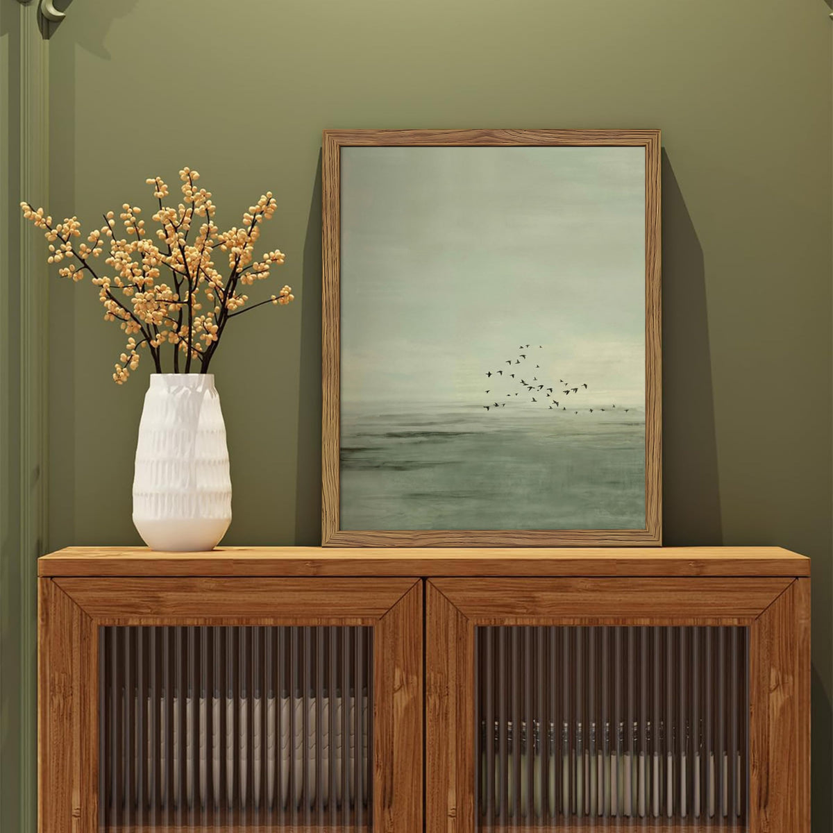 Framed Japanese Zen Wall Art Set of 2, Minimalist Sage Green Flying Duck Canvas Wall Decor Paintings, Modern Sunset Landscape Artwork Prints Picture for Living Room Bedroom Bathroom 12x16 Inch