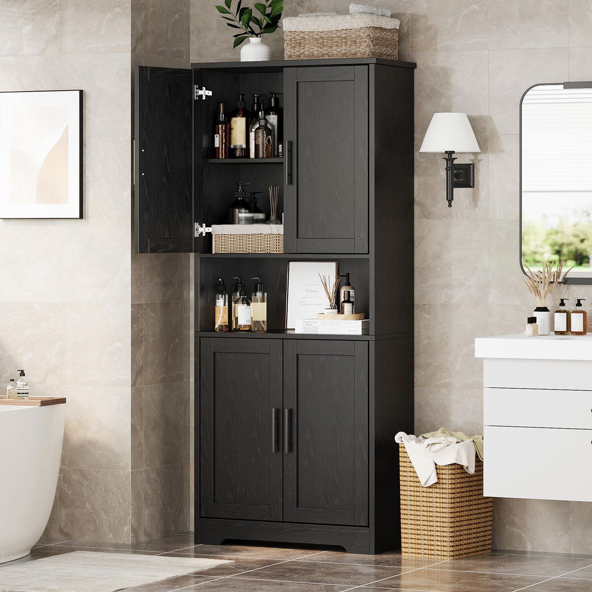 GarveeHome 70in Tall Kitchen Pantry Cabinet, Storage Cabinet with Doors and Adjustable Shelves, Freestanding Cupboard for Living Room, Dining Room, Bathroom, Black