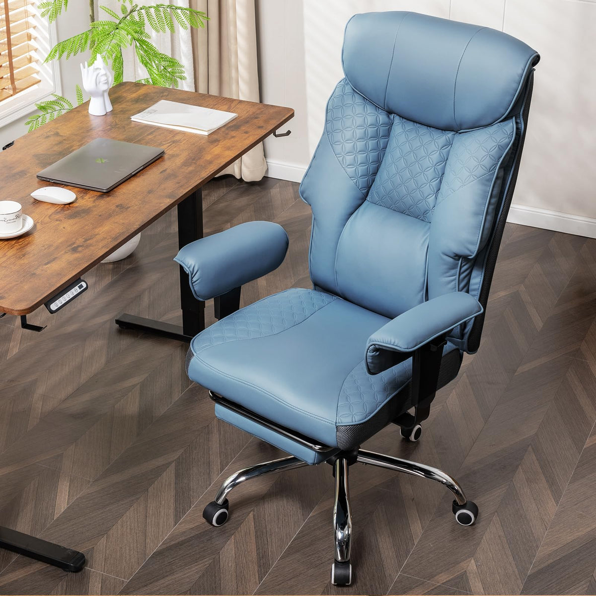 GTPLAYER Big and Tall Office Chair, High Back Computer Gaming Chair with Ergonomic Lumbar Support &Pocket Spring Cushion for Lower Back Pain Relief, Leather Executive Chair with Foot Rest, Blue