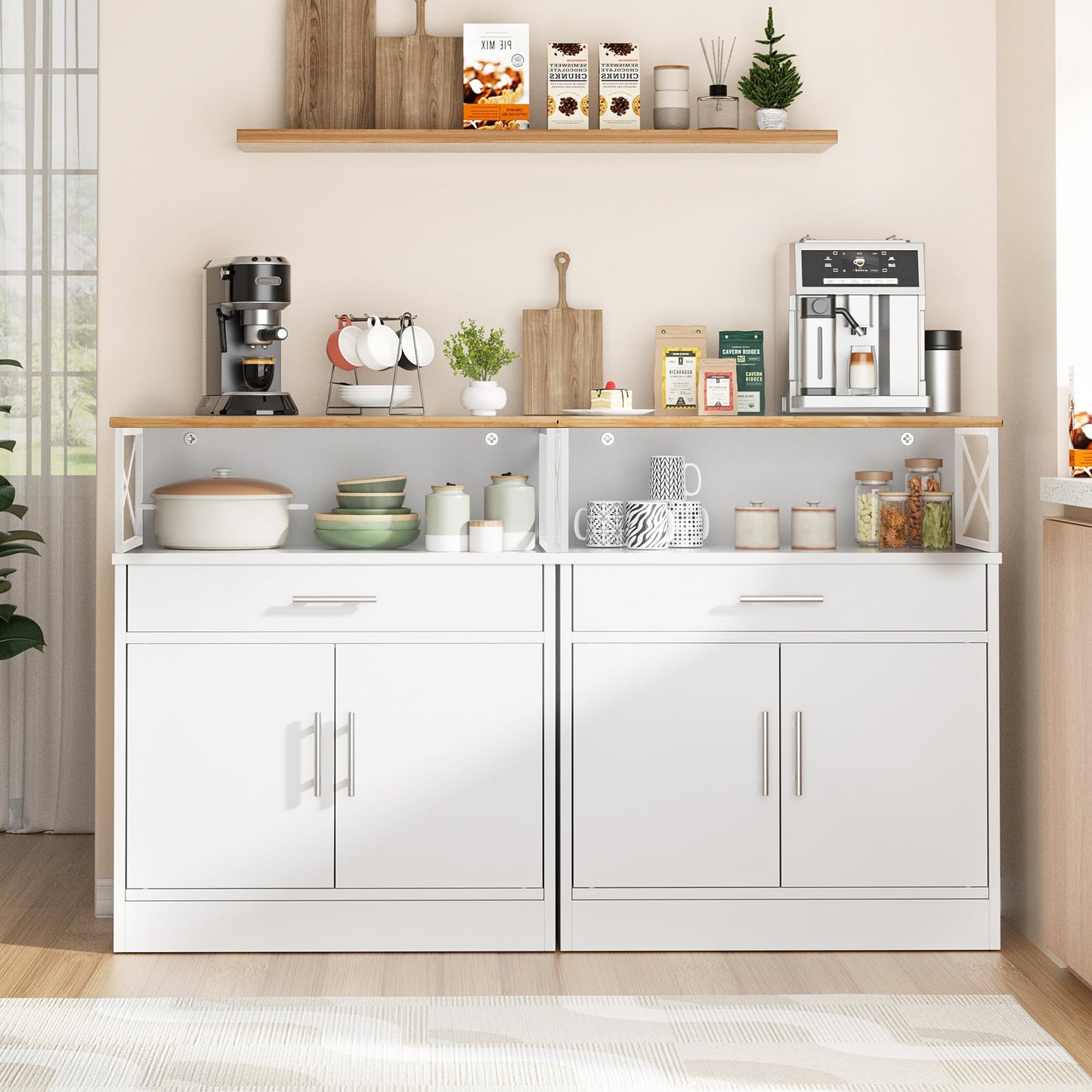 Shintenchi Kitchen Buffet Cabinet with Adjustable Shelf, Modern Kitchen Storage Cabinet,Farmhouse Coffee Bar Cabinet(White)
