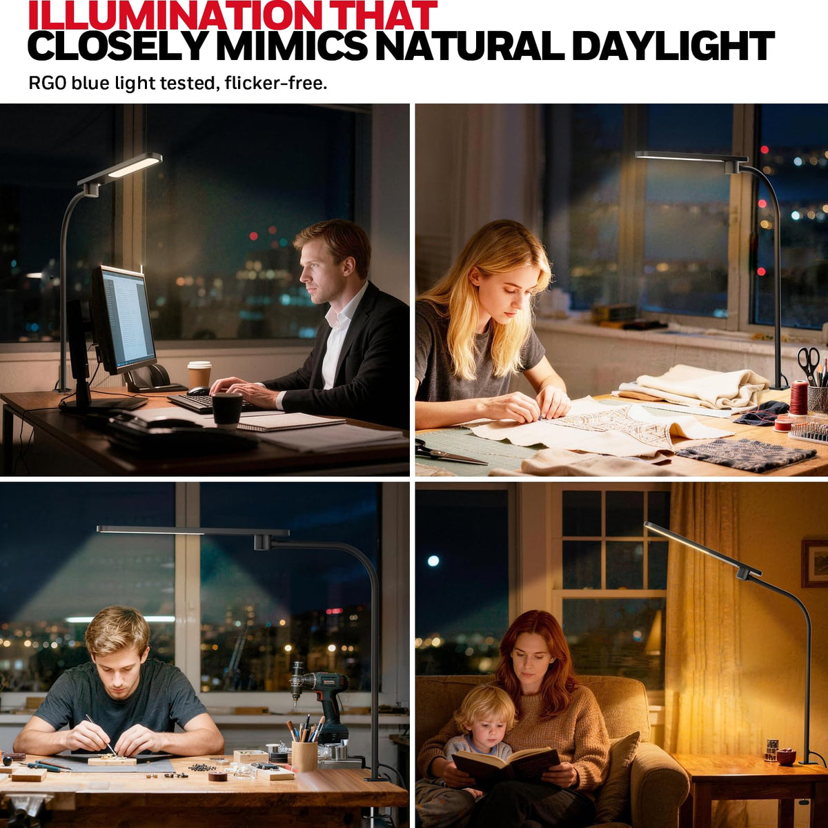 Honeywell HJ2 Sunturalux™ Clamp LED Desk Lamp, CRI≥97 Full-Spectrum Eye-Caring Light, 3 Color Modes & Stepless Dimming, 16" Flexible Gooseneck for Reading, Home Office, Art Creation (Black)